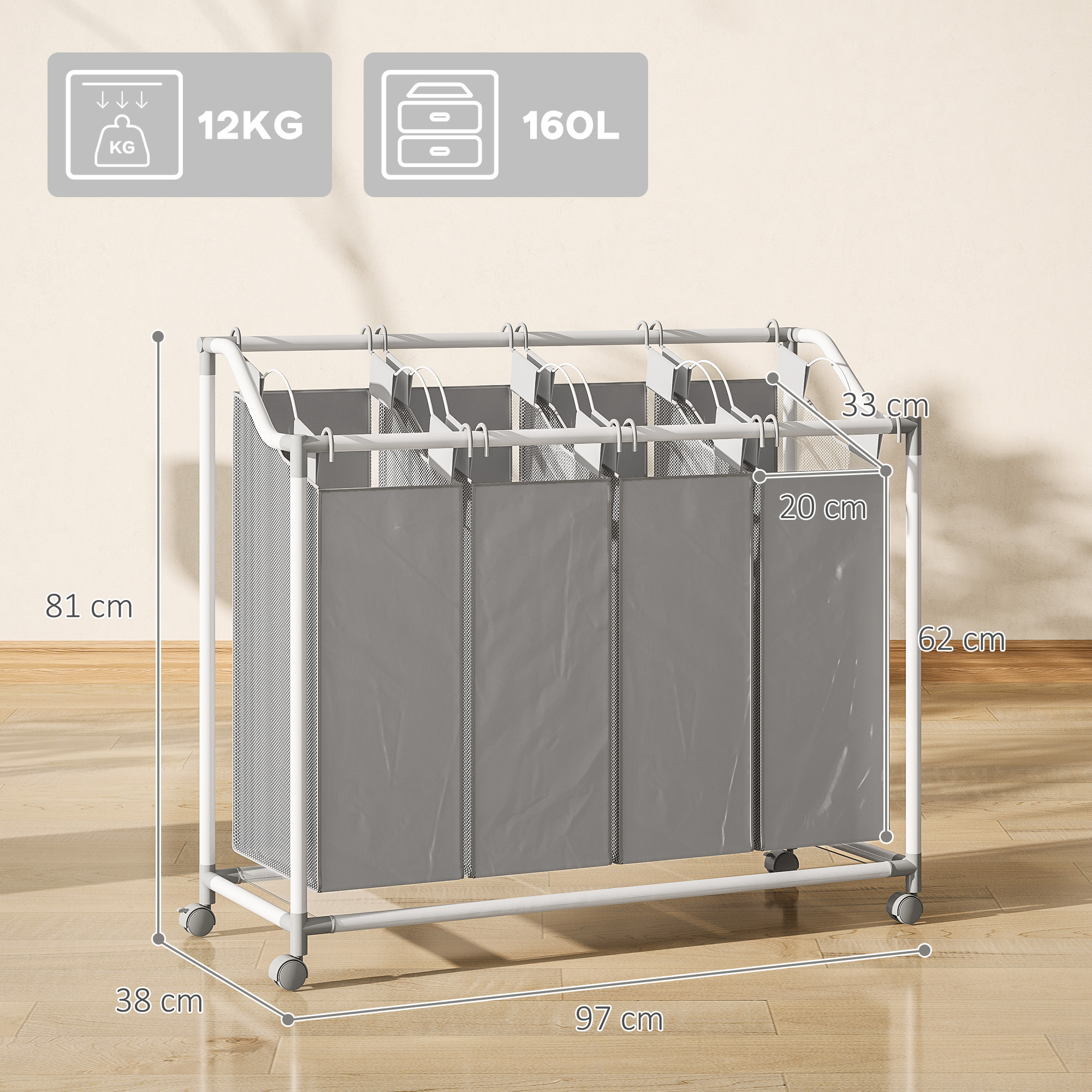 Wäschekorb mit 4 Fächer 160 L Wäschesammler mit Rädern, herausnehmbarer Wäschesack, 97 x 38 x 81 cm, Grau