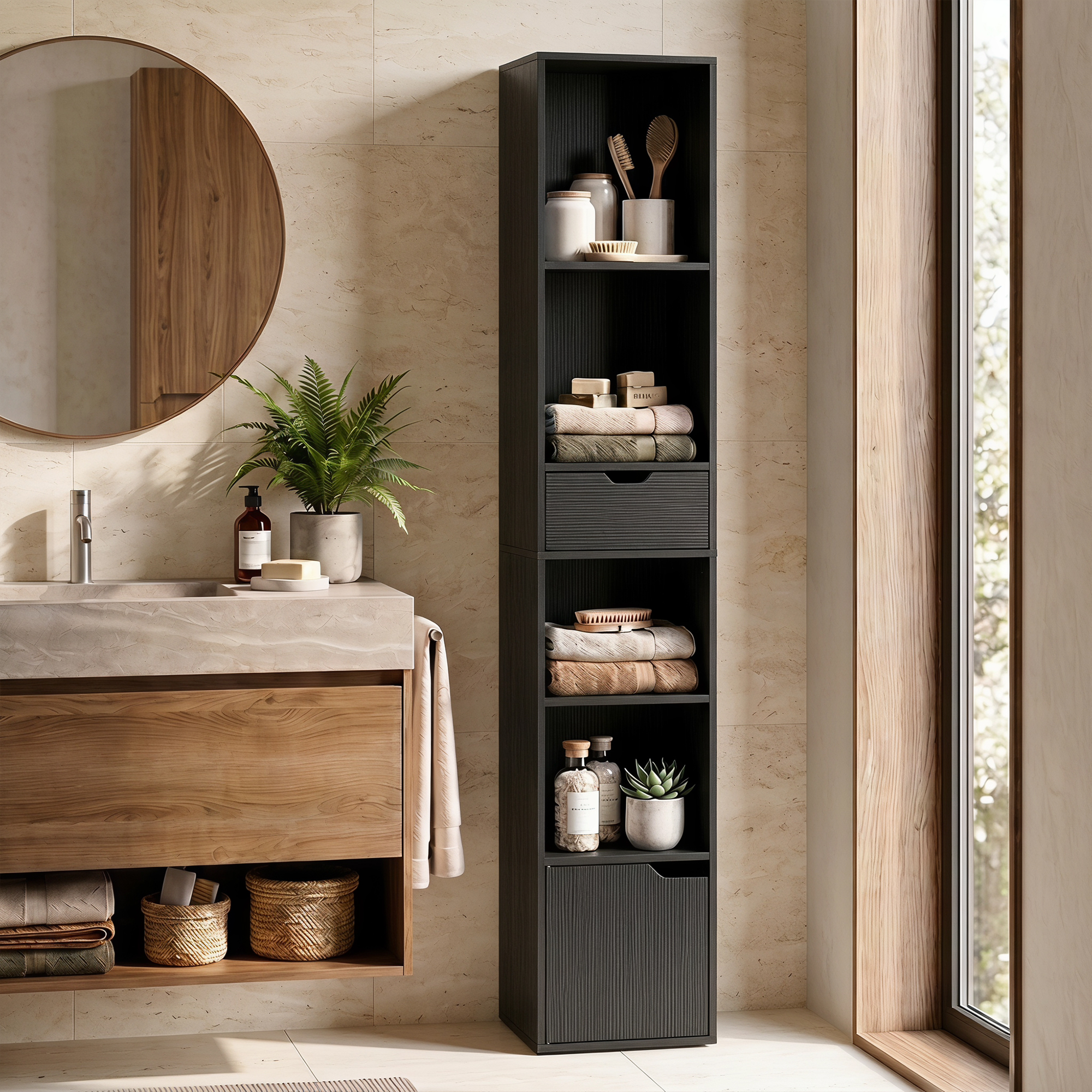 6-fach Bücherregal mit Schublade und verstellbarem Fach, freistehender Aufbewahrungsschrank, 30 x 24 x 158 cm, Schwarz