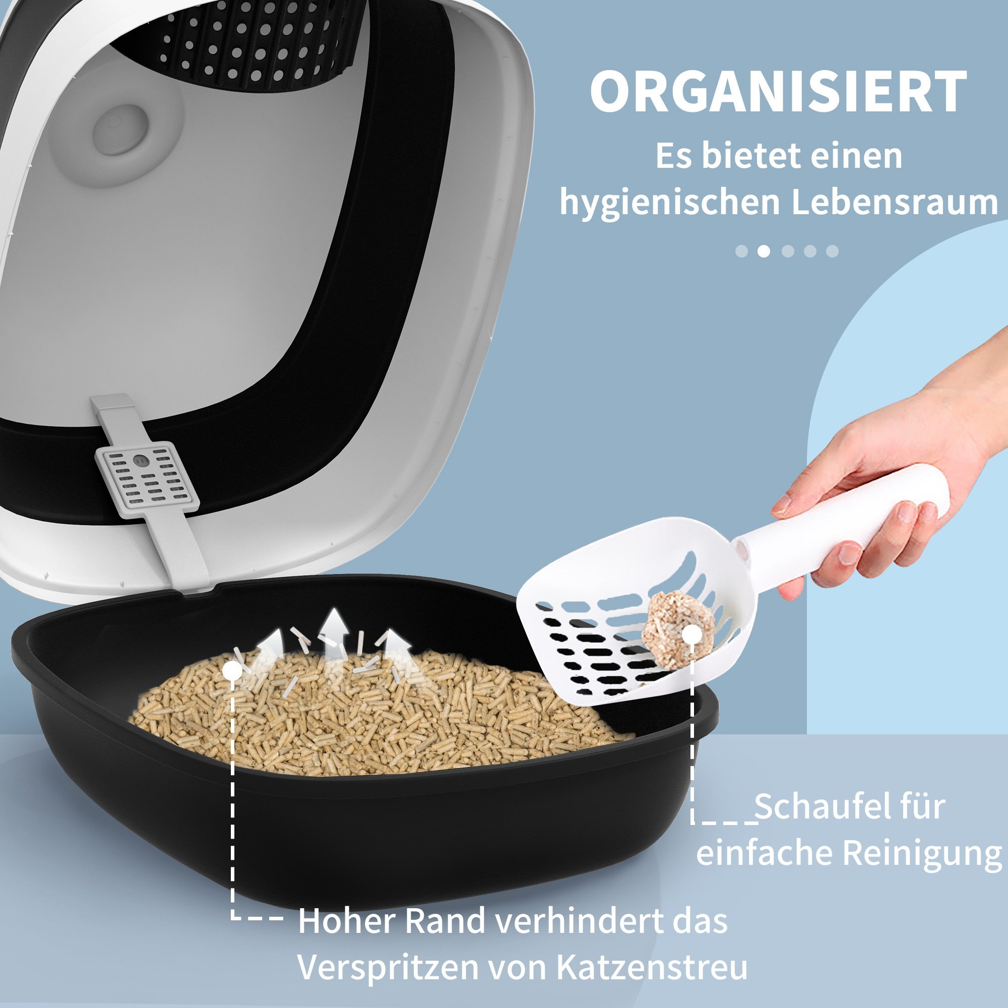 Katzentoilette, mit Deckel und Streuschaufel, für Katzen bis 5 kg, 52x41x38 cm, Weiß/Schwarz