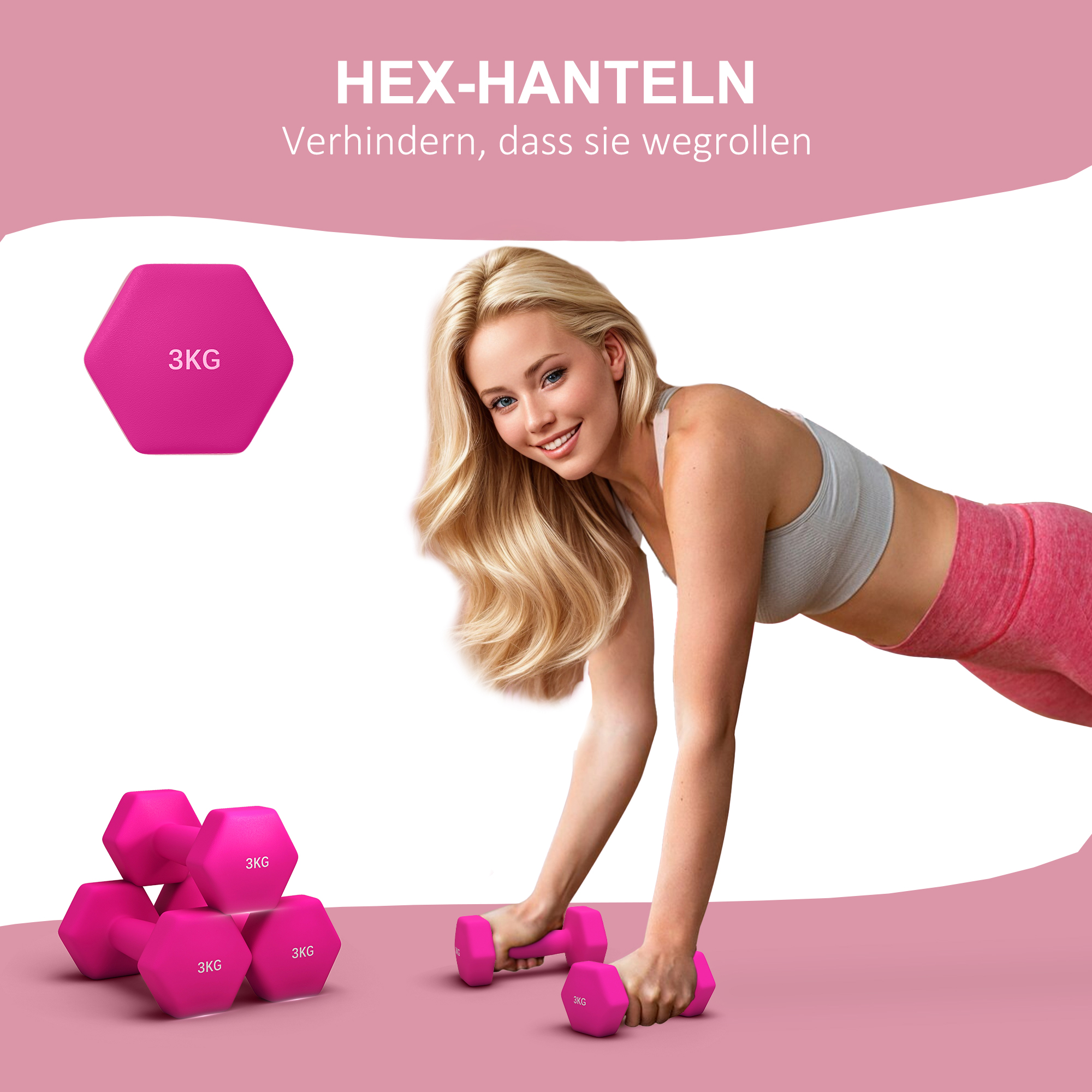 2 x 3 kg Kurzhantel-Set, sechseckiges Design, bodenfreundlich, rutschfest, Rosa