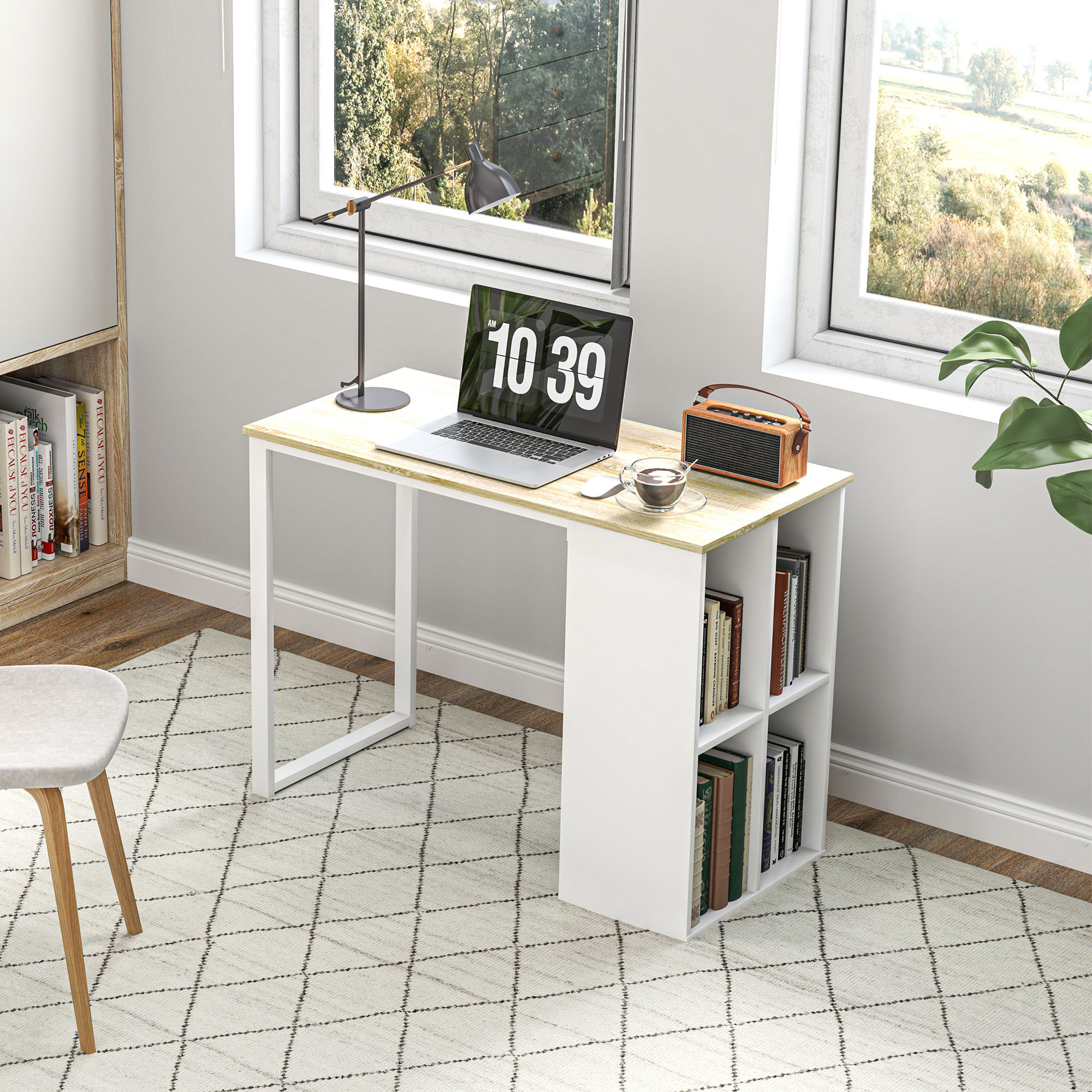Kompakter Computertisch, Moderner Schreibtisch mit Stauraum-Fächern, für kleine Räume, 100 x 54 x 75 cm, Weiß