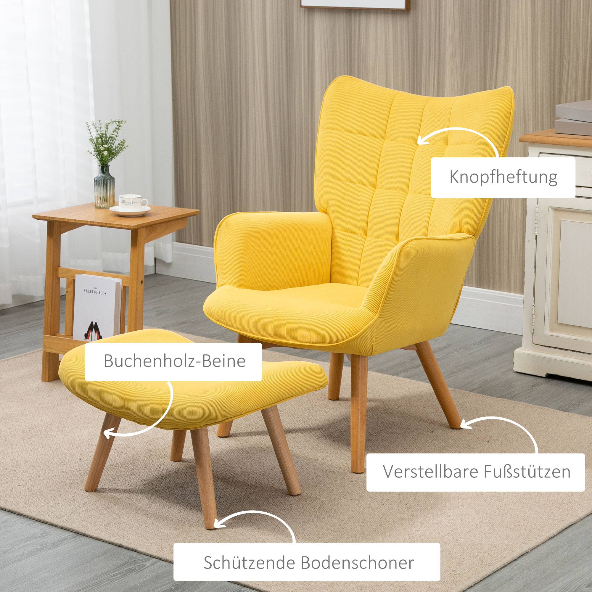 Akzentsessel mit Hocker, Relaxsessel in Cord-Optik, Armlehnstuhl mit Holzbeinen, für Wohnzimmer, Gelb