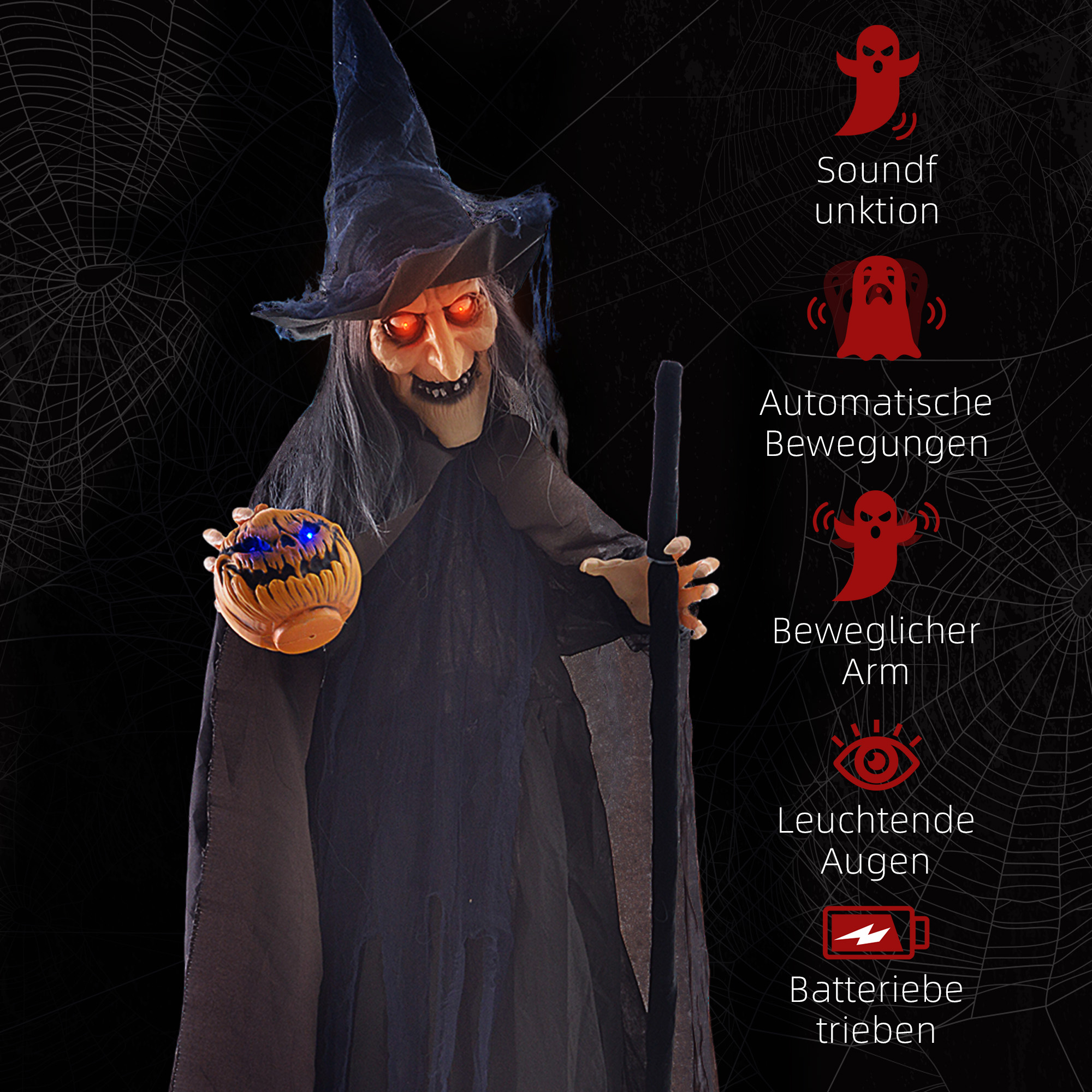 Halloweendekoration Hexe mit Besen, leuchtende Augen, gruselige Geräusche, biegsame Arme, 107x65x190 cm