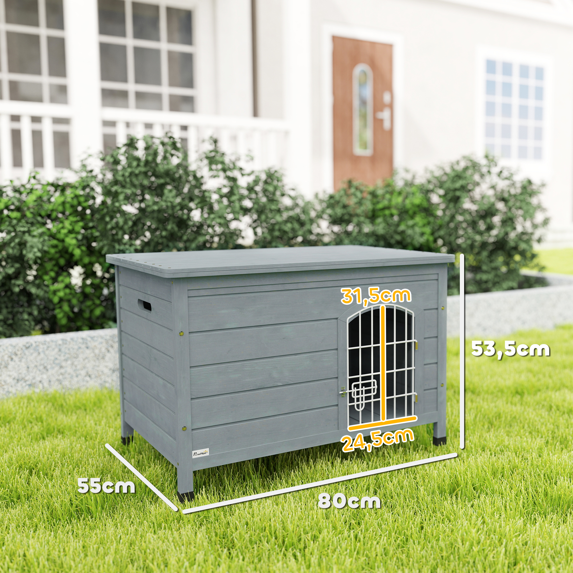 Hundehütte, Hundehaus mit Tür, Hundebox, Haustierhütte, Tannenholz, Dunkelgrau