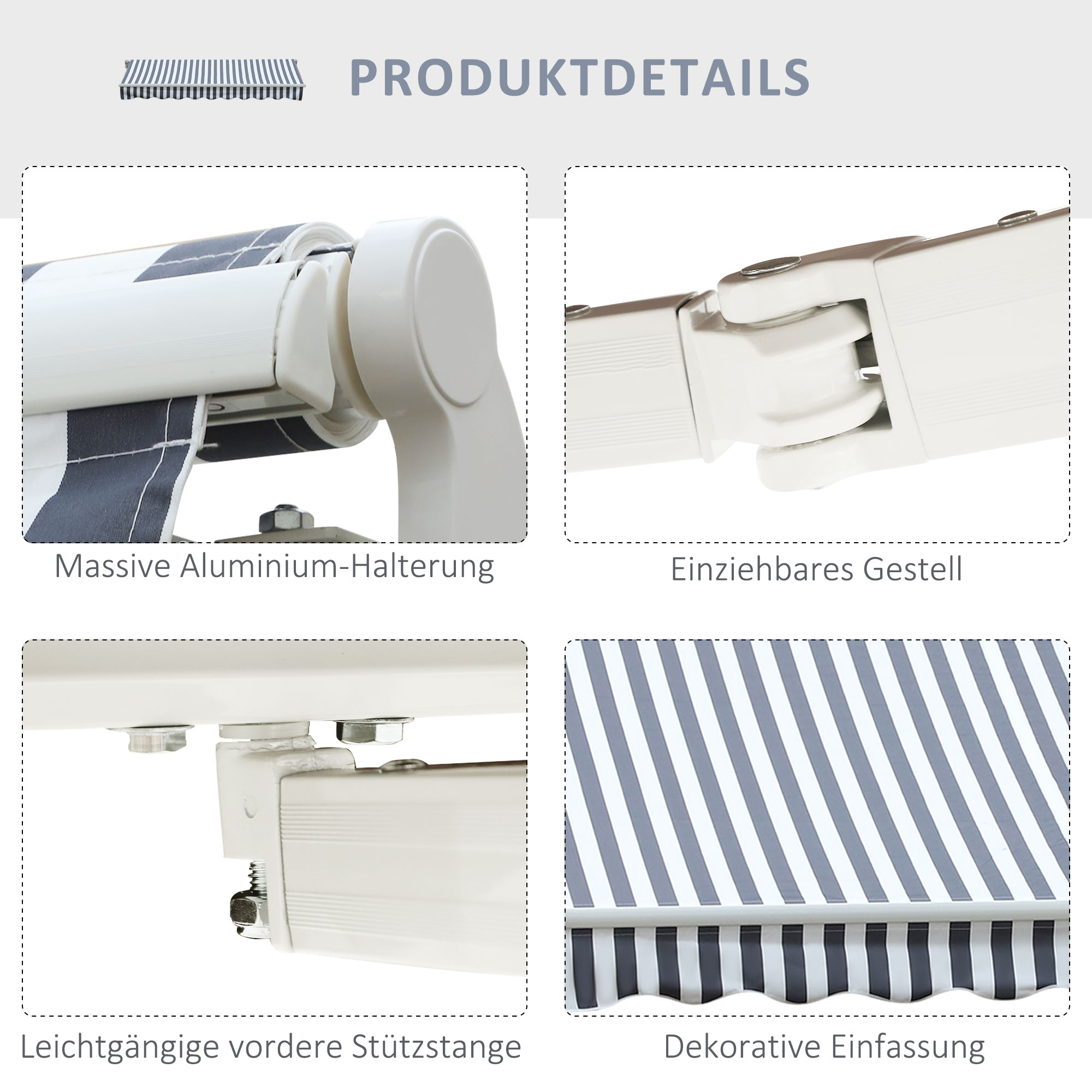 Markise Gelenkarmmarkise Sonnenschutz Handkurbel Balkon Alu Grau Weiß 2,95 x 2,45 m