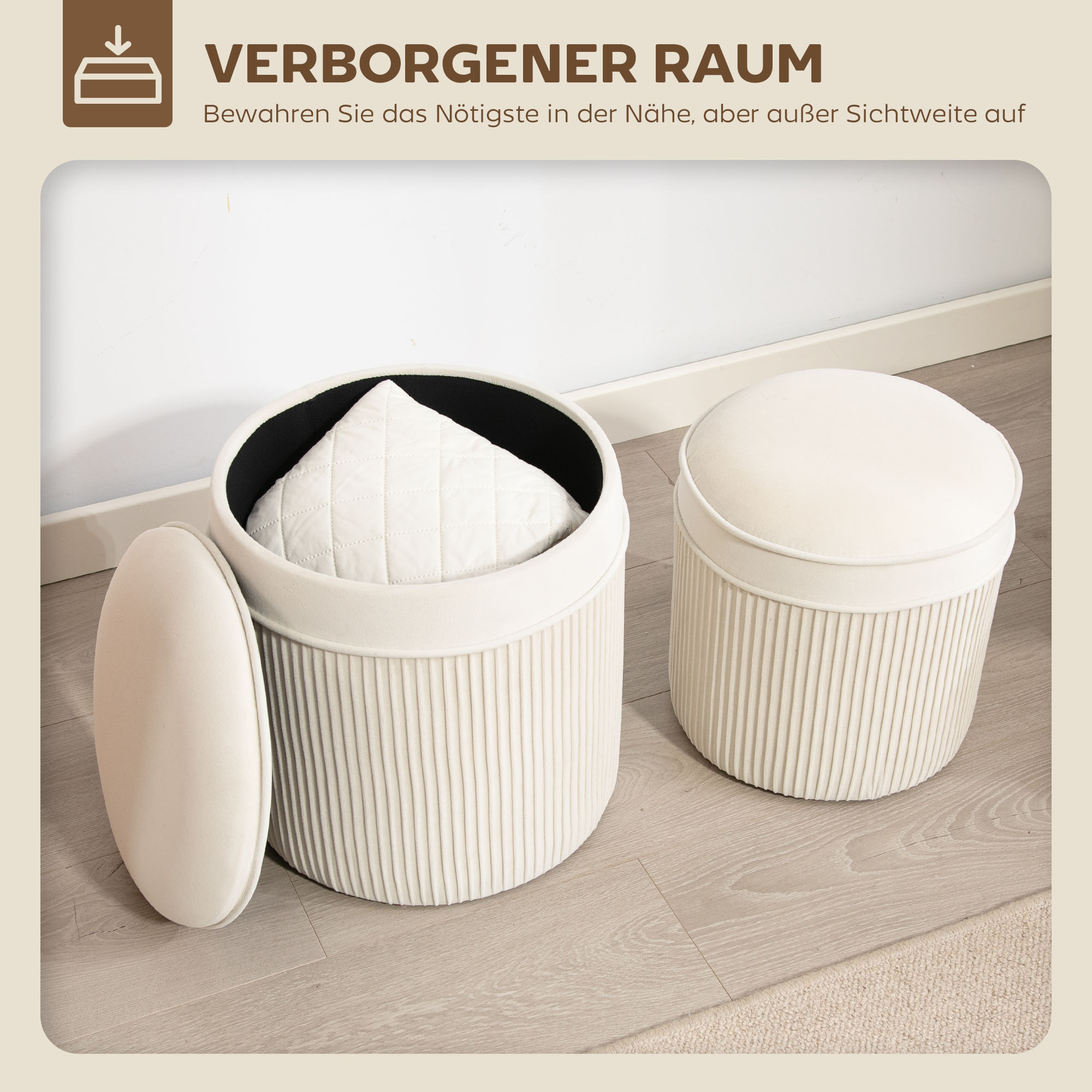 2er Set Sitzhocker mit Stauraum Hocker mit Deckel, Runder Fußhocker mit Samtoptik 36 x 36 x 41,5 cm Cremeweiß