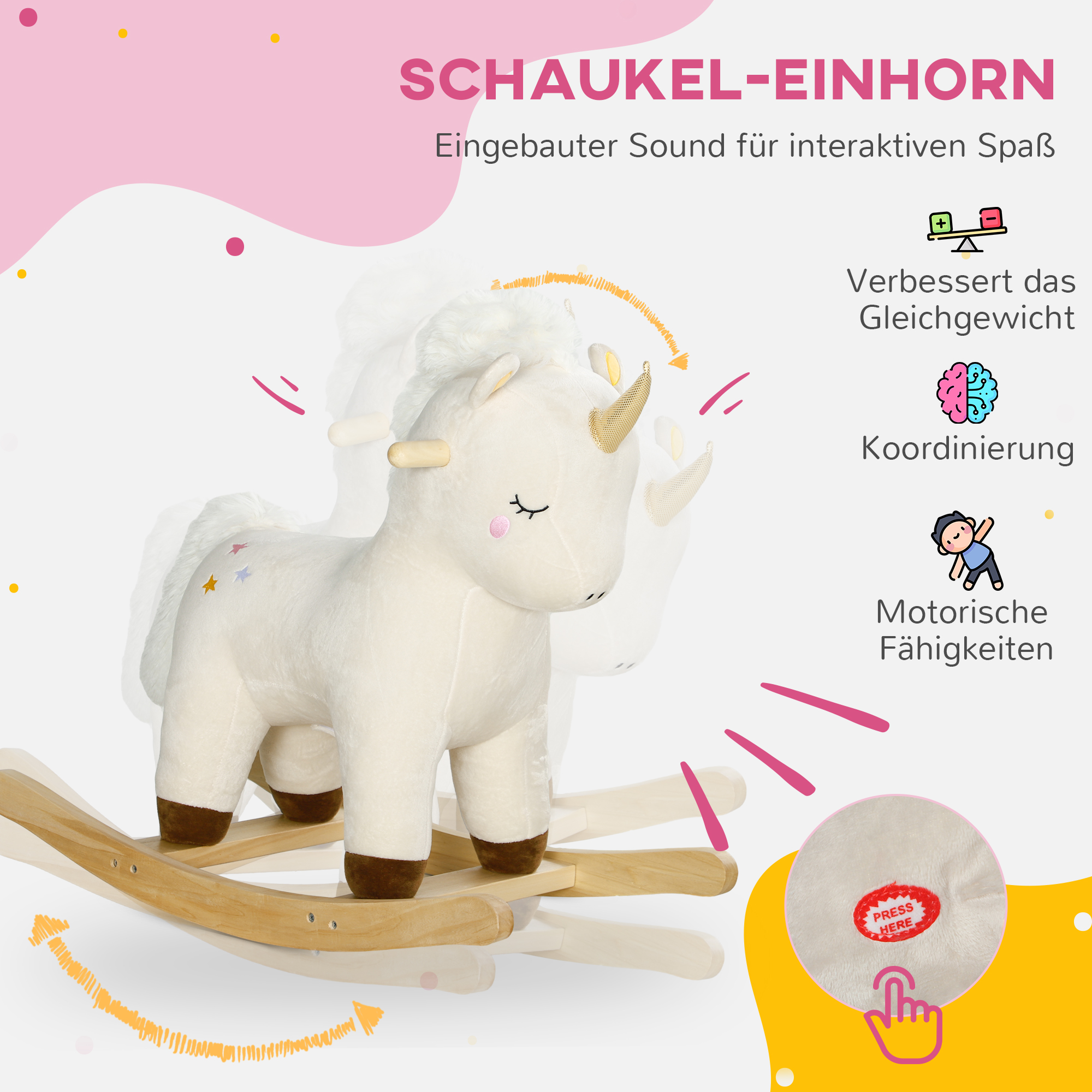 Schaukelpferd im Einhorn-Design, mit Soundeffekten, weicher Sitz, für Kinder im Alter von 2-4 Jahren, Weiß