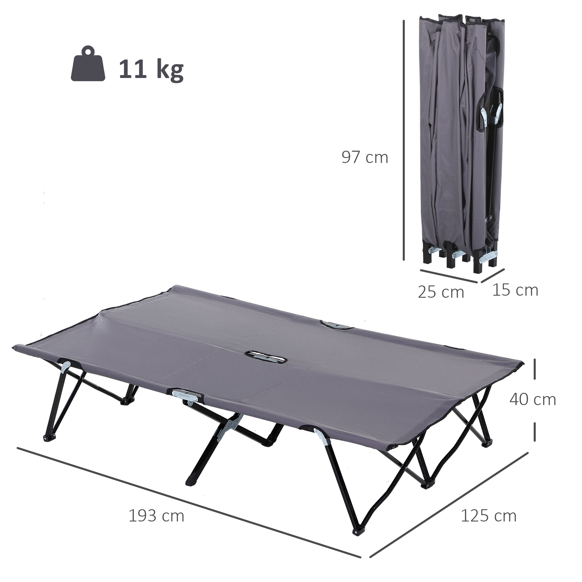 Campingliege, Campingbett für bis zu 2 Personen, 193L x 125B x 40H cm, Grau