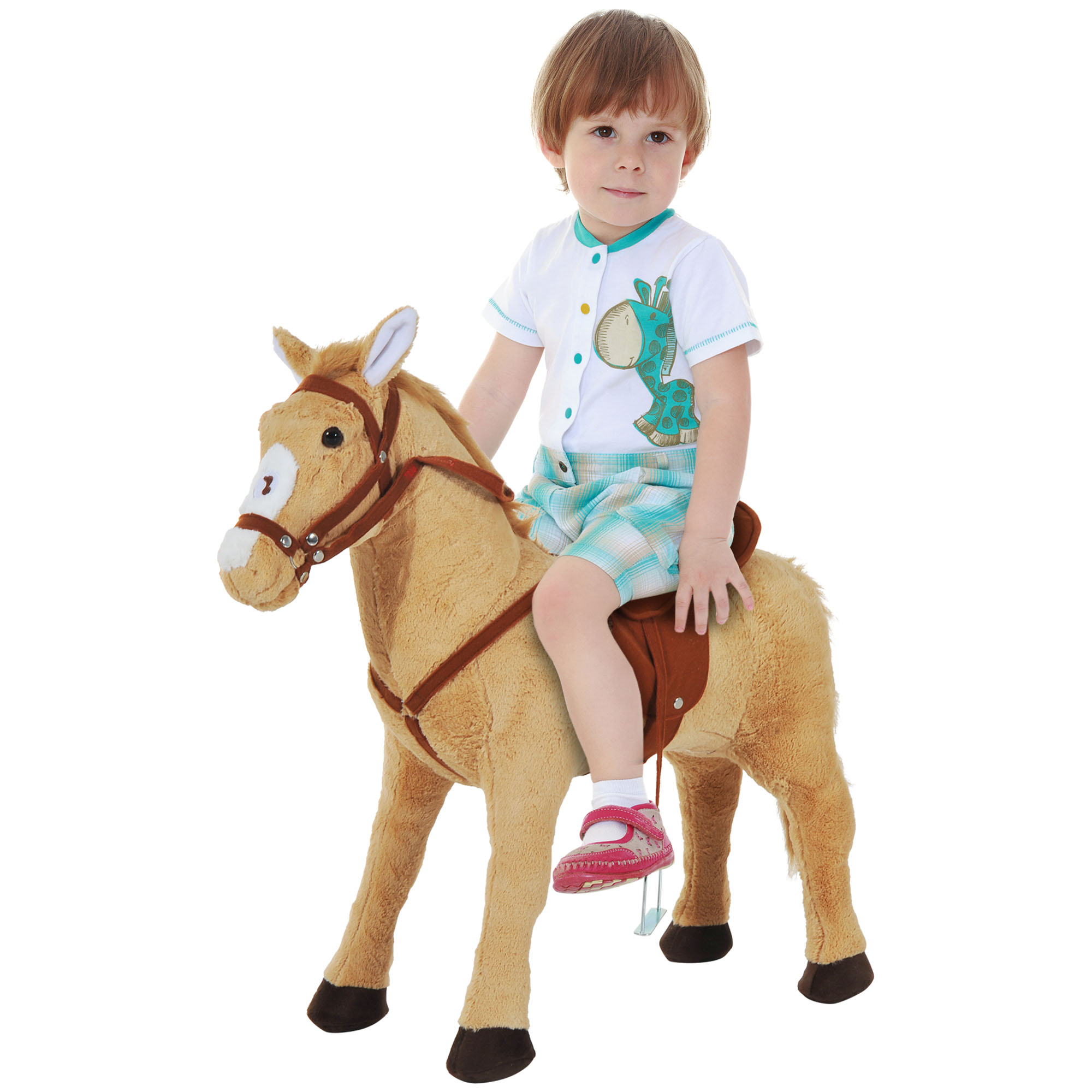 Reitpferd 60 cm Stehpferd mit Sattel, Zaumzeug Steigbügel Sound Spielpferd zum Reiten Draufsitzen Schaukeltier für Kinder ab 2 Jahre, Schaukelpferd Plüschpferd Indoor Outdoor Beige
