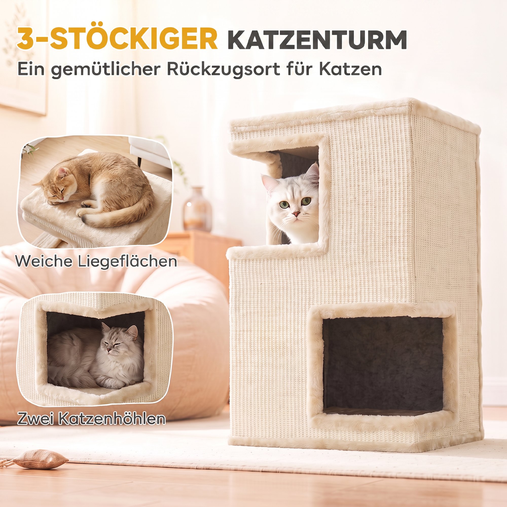 3-stöckige Katzentonne für drinnen, halbgeschlossene Katzenhöhle mit Kratzflächen rundum, 2 Katzenhöhlen