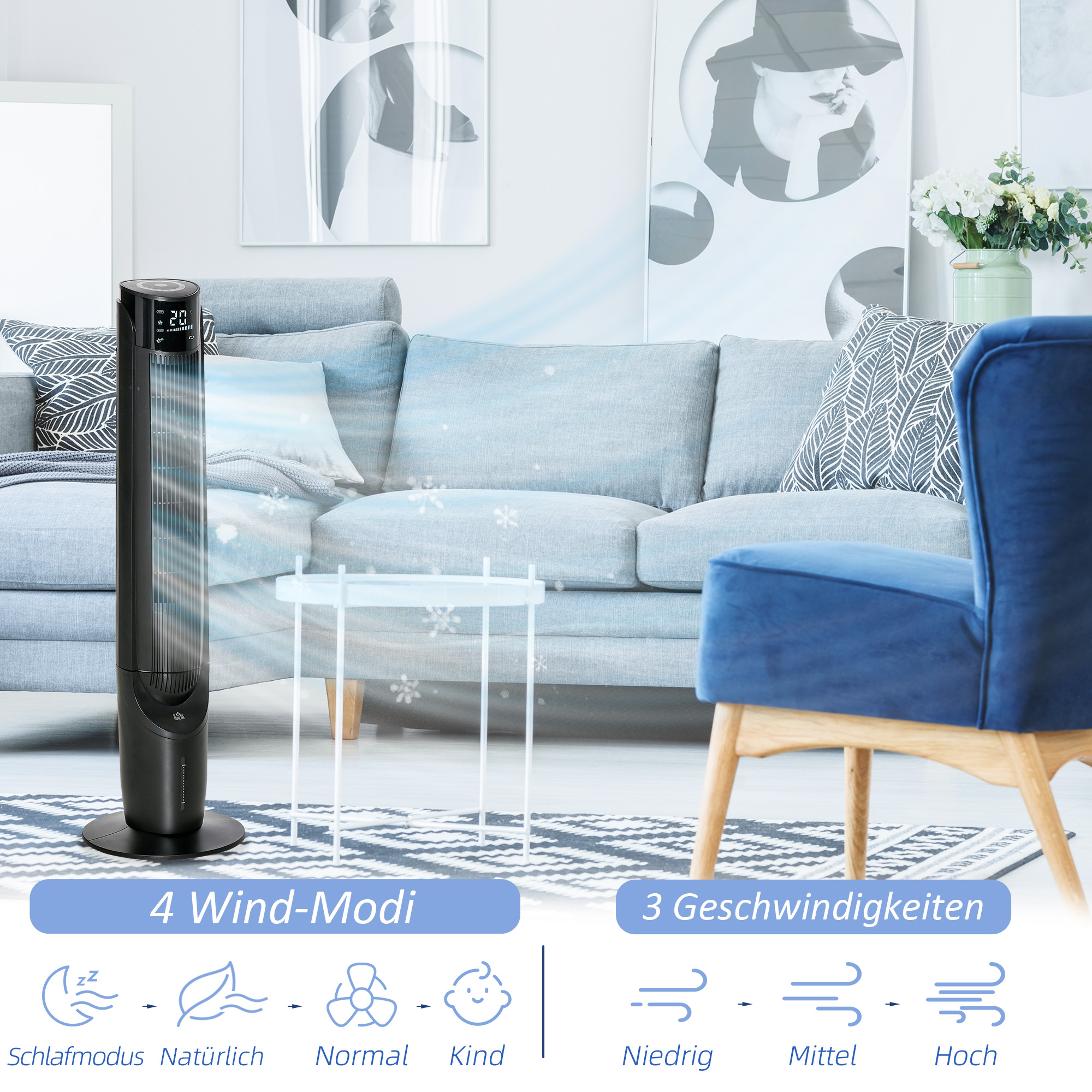 Turmventilator, Klimaanlage mit 4 Modi, 3 Geschwindigkeiten, Timer, Kunststoff