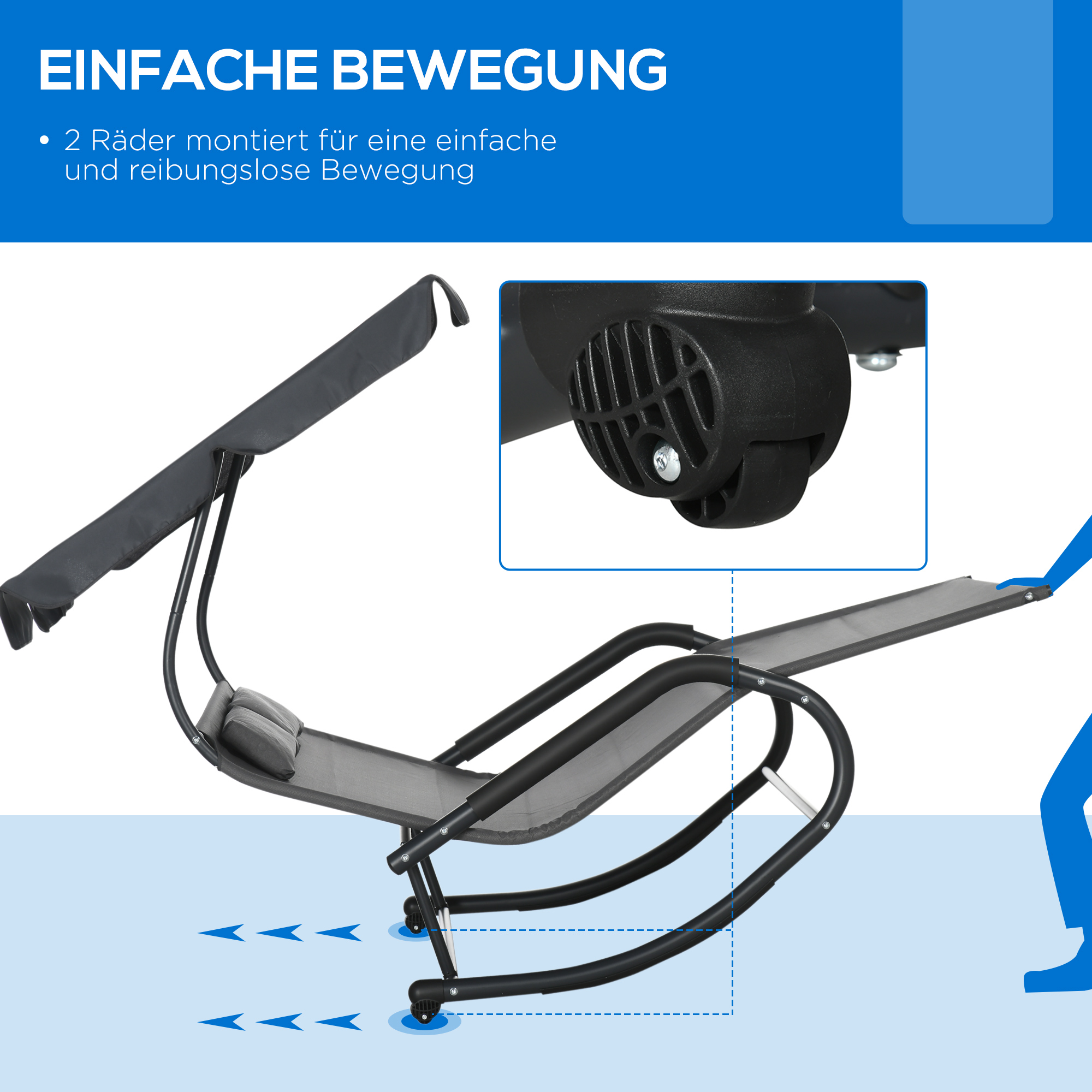 Doppel-Sonnenliege für 2 Personen, inkl. Kissen u. Baldachin, 200 cm x 139 cm x 140 cm, Dunkelgrau