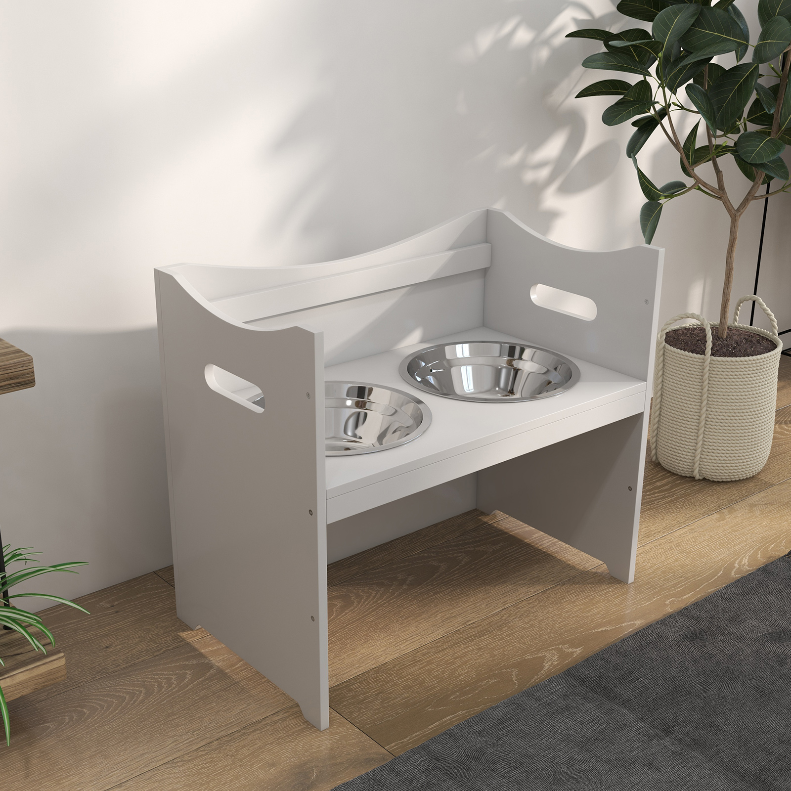 Futterstation für Hunde, 2 Edelstahlnäpfe, höhenverstellbar, 54x31,5x47cm, Weiß