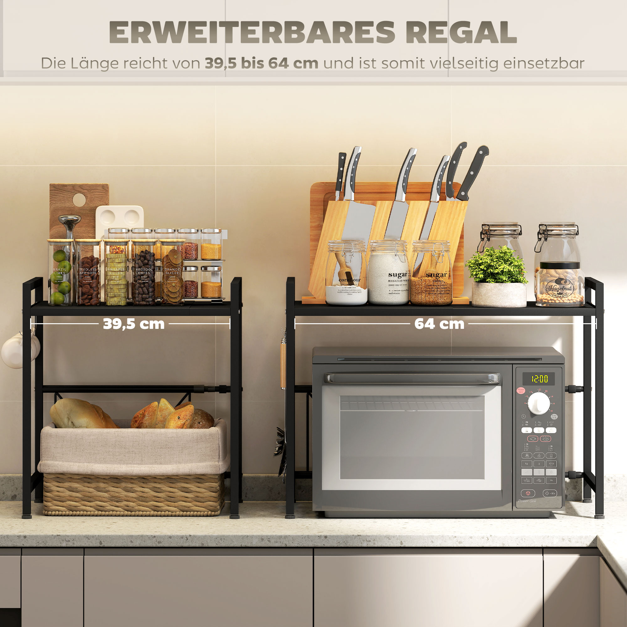 Mikrowellenregal, 3 Haken, ausziehbar, Metall, 40 cm hoch, Schwarz