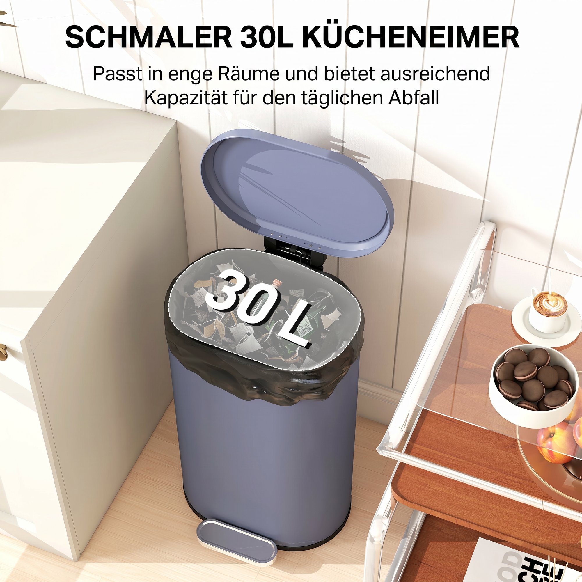 Mülleimer Küche 30 Liter Treteimer mit Soft-Close-Deckel, Pedal aus Metall, Grau, 36,5 X 31 x 61 cm