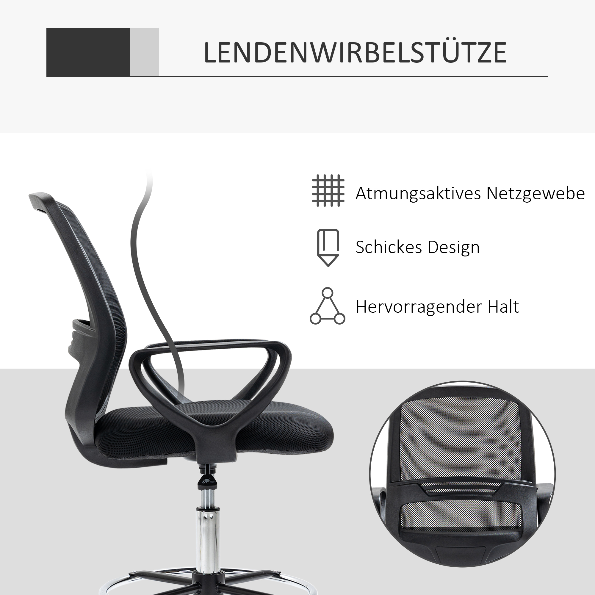 Bürostuhl Ergonomischer Schreibtischstuhl mit Armlehnen und Verstellbarer Fußring, Höhenverstellbarer Drehstuhl mit Netzbespannung Schwarz