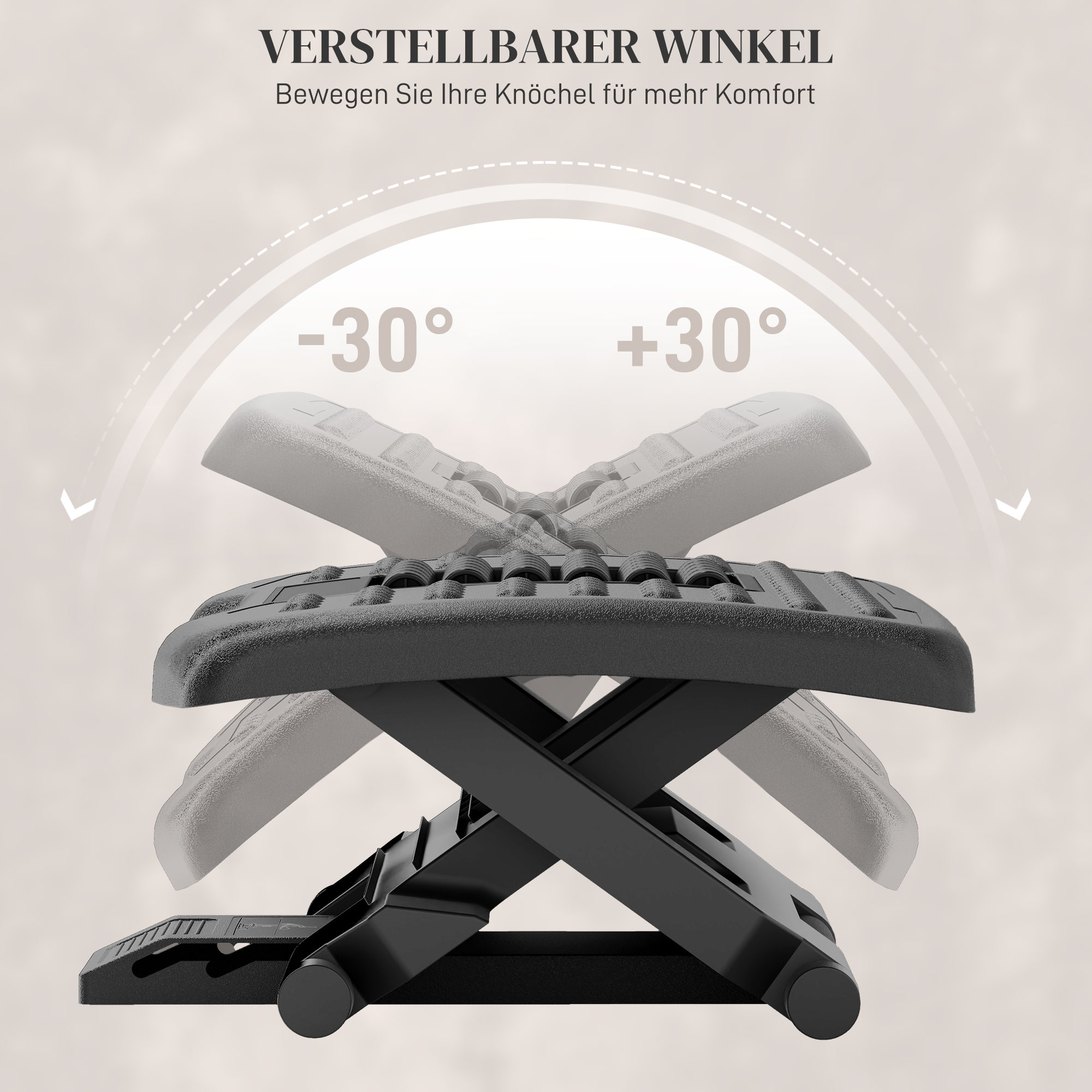 Ergonomische Fußstütze, höhenverstellbar, Massagefläche mit Rollen, Schwarz, 46 x 35 cm