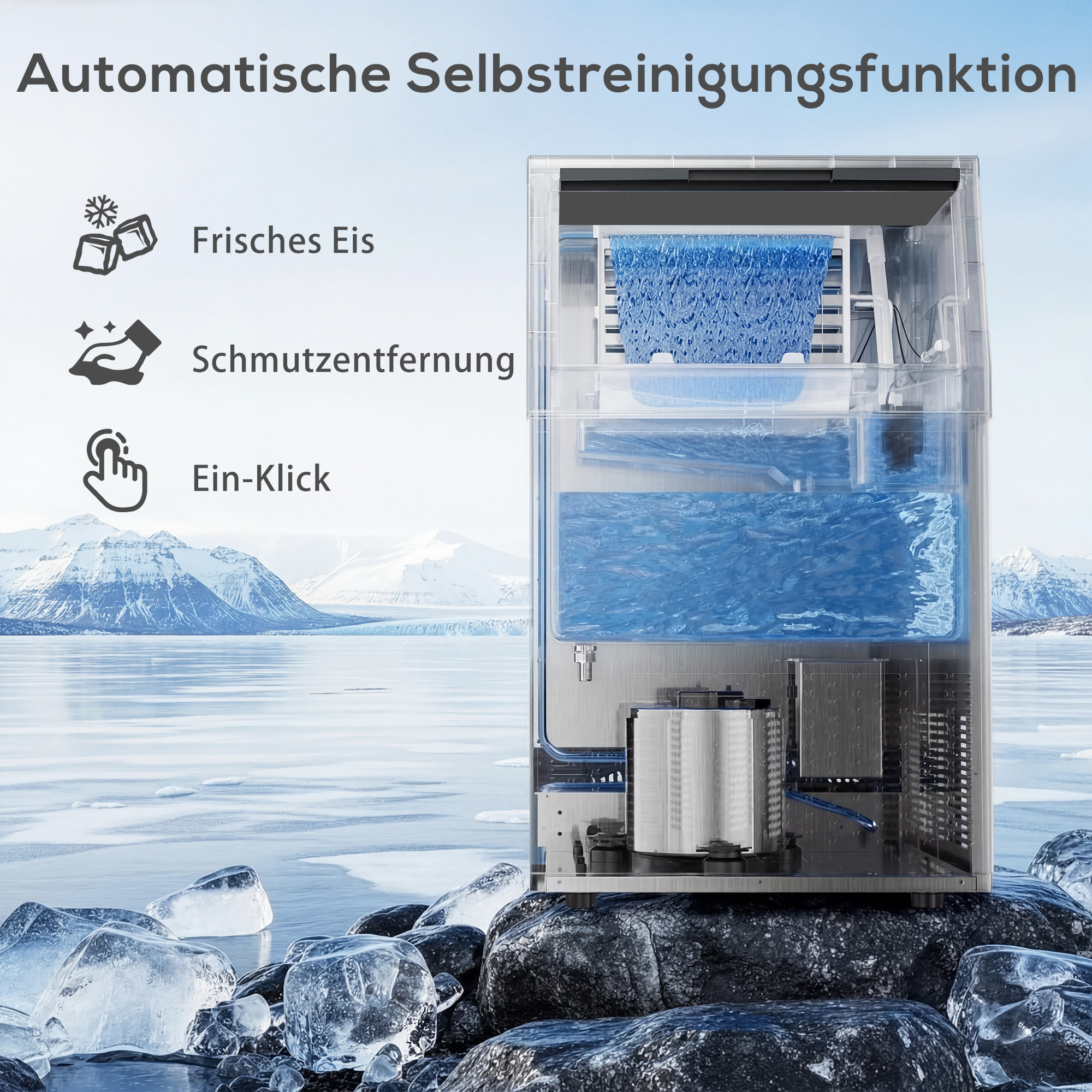 gewerblicher Eiswürfelbereiter 45 kg/24 Std., Edelstahl, mit 15 kg Speicher, Selbstreinigung, Silber