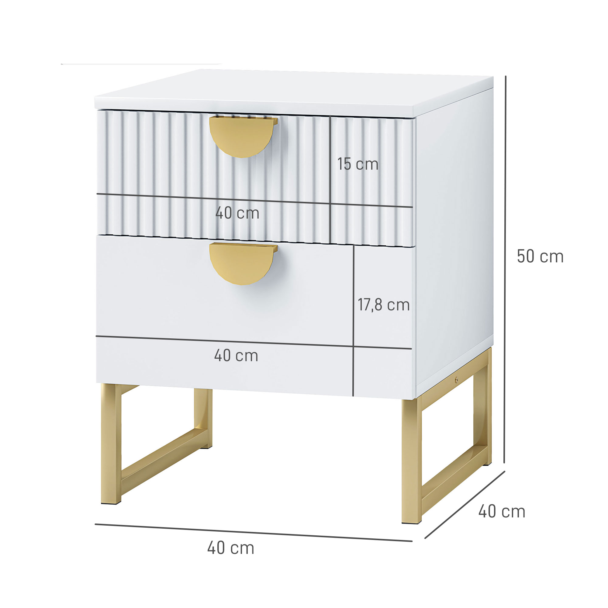 Nachttisch mit 2 Schubladen, elegante Metallgriffe in Gold, 40 x 40 x 50 cm, Weiß