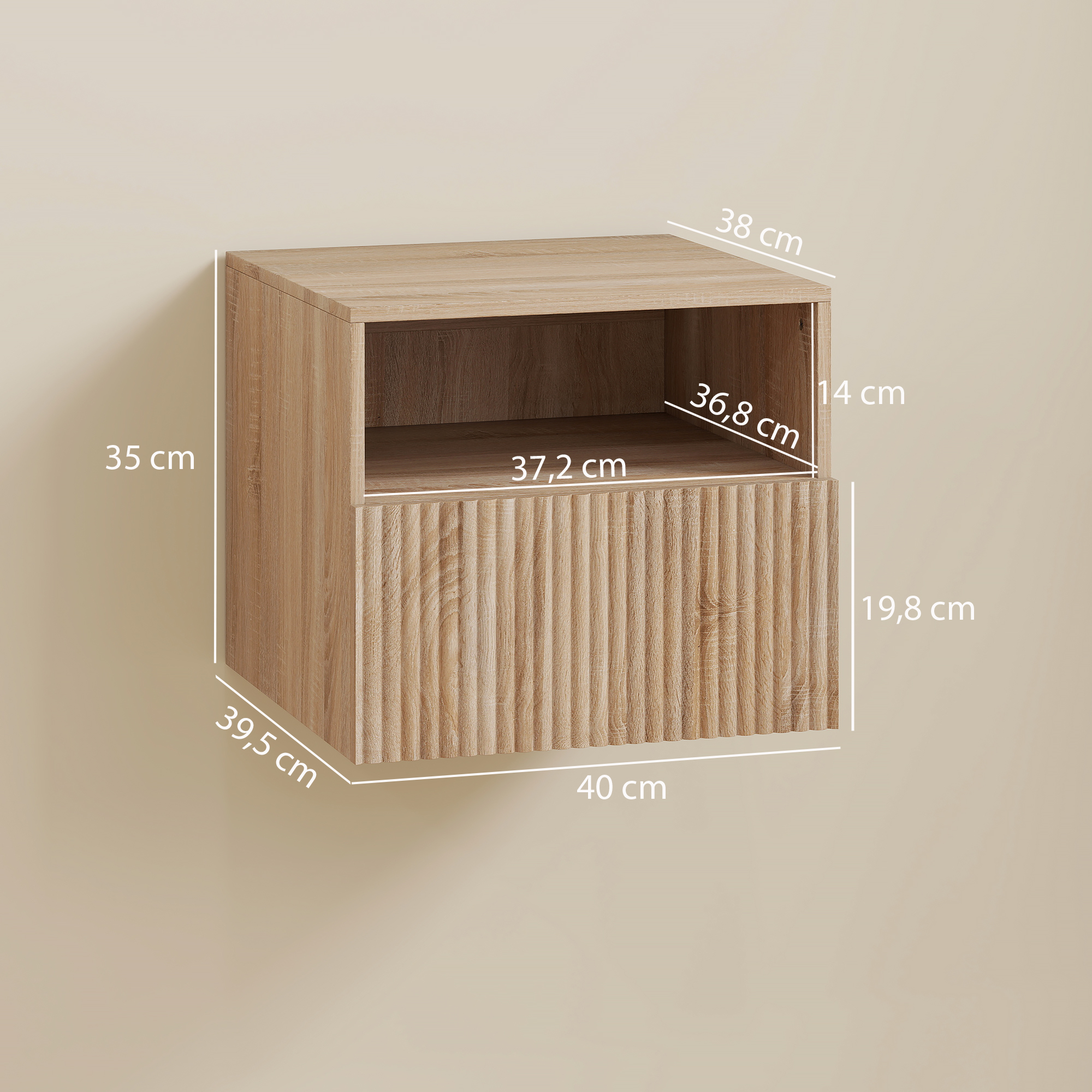 Nachttisch, griffloses Design, offenes Fach, Schublade, Wandmontage, Hellbraun