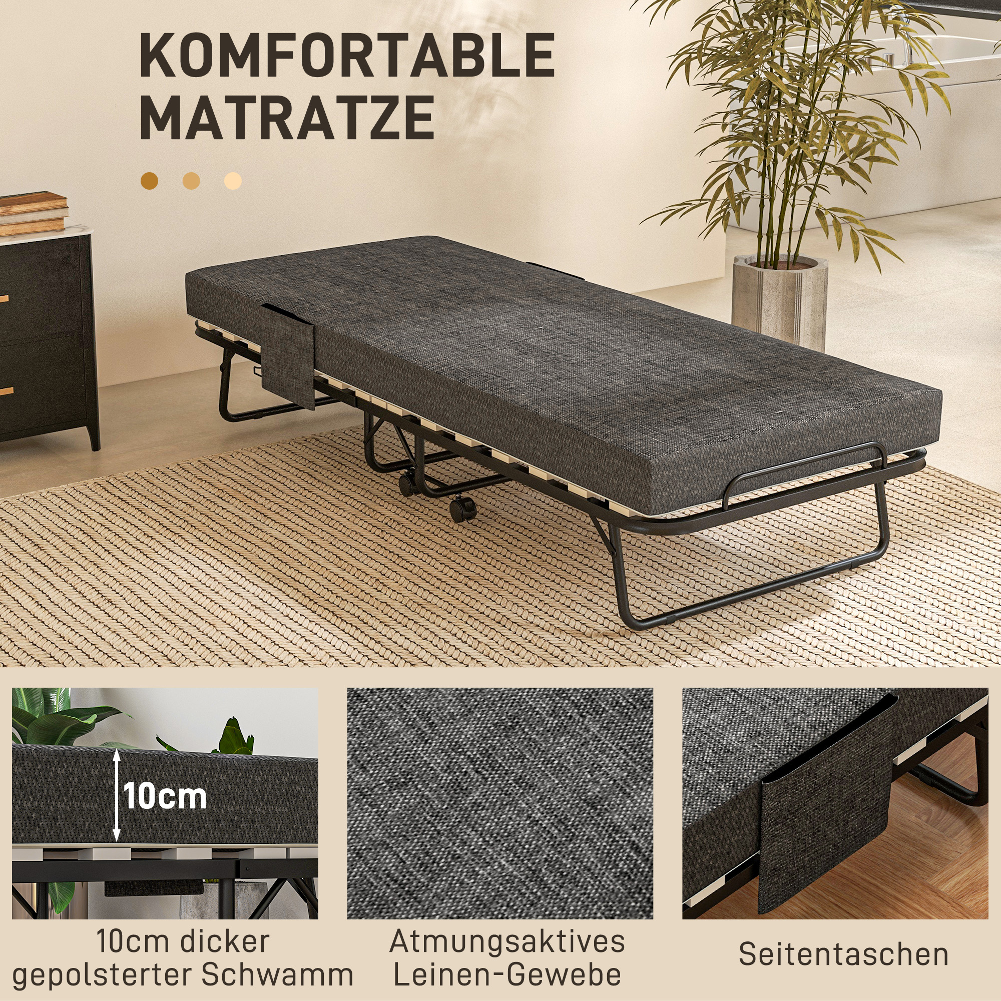 Klappbett, Matratze, 4 Rollen, Metallgestell, bis 150 kg, 190 x 80 x 42 cm, Dunkelgrau
