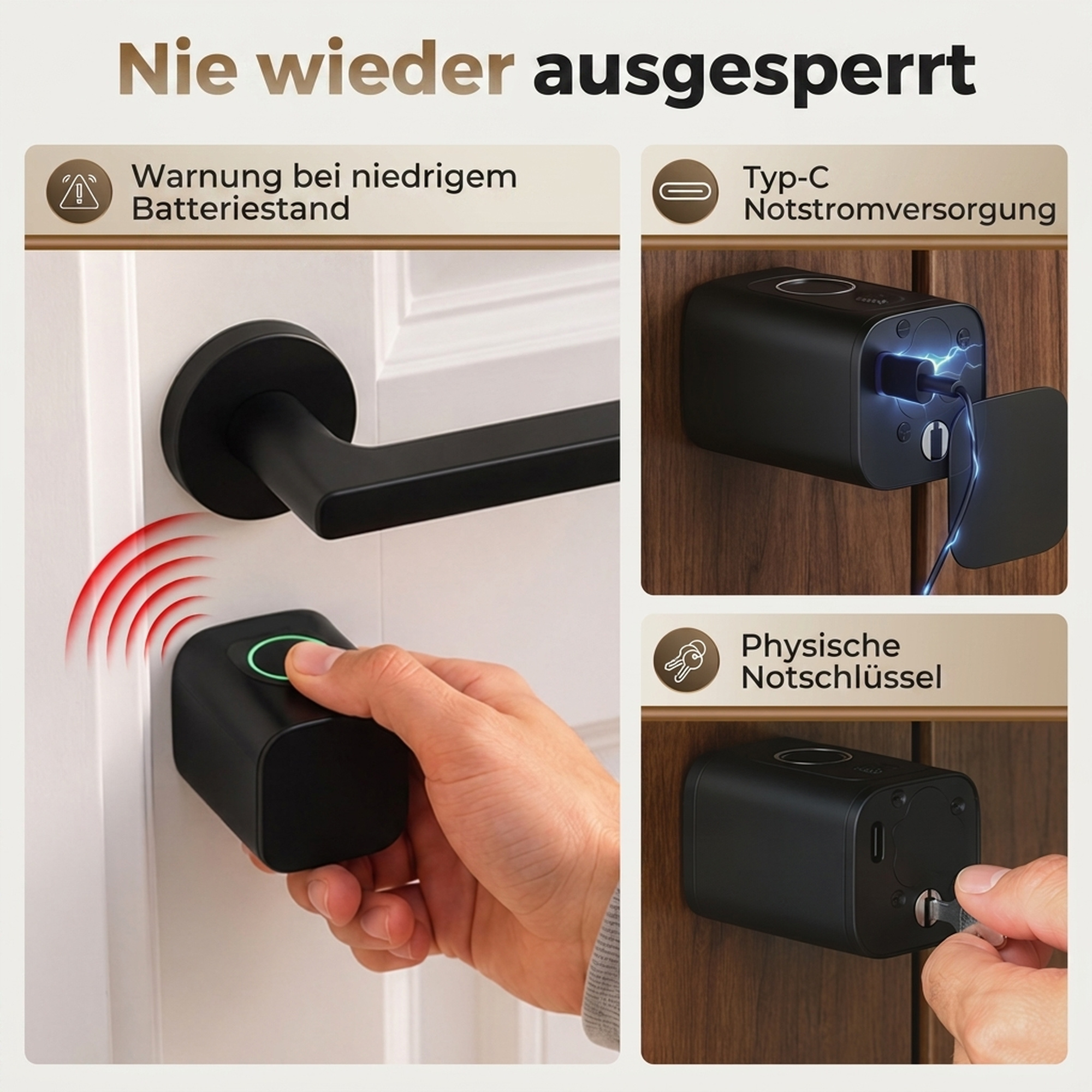 Türzylinder, 5-in-1 mit Fingerabdruck, Code, App, NFC-Karte & Schlüssel, gemeinsamer Zugriff, Bluetooth-Zylinder