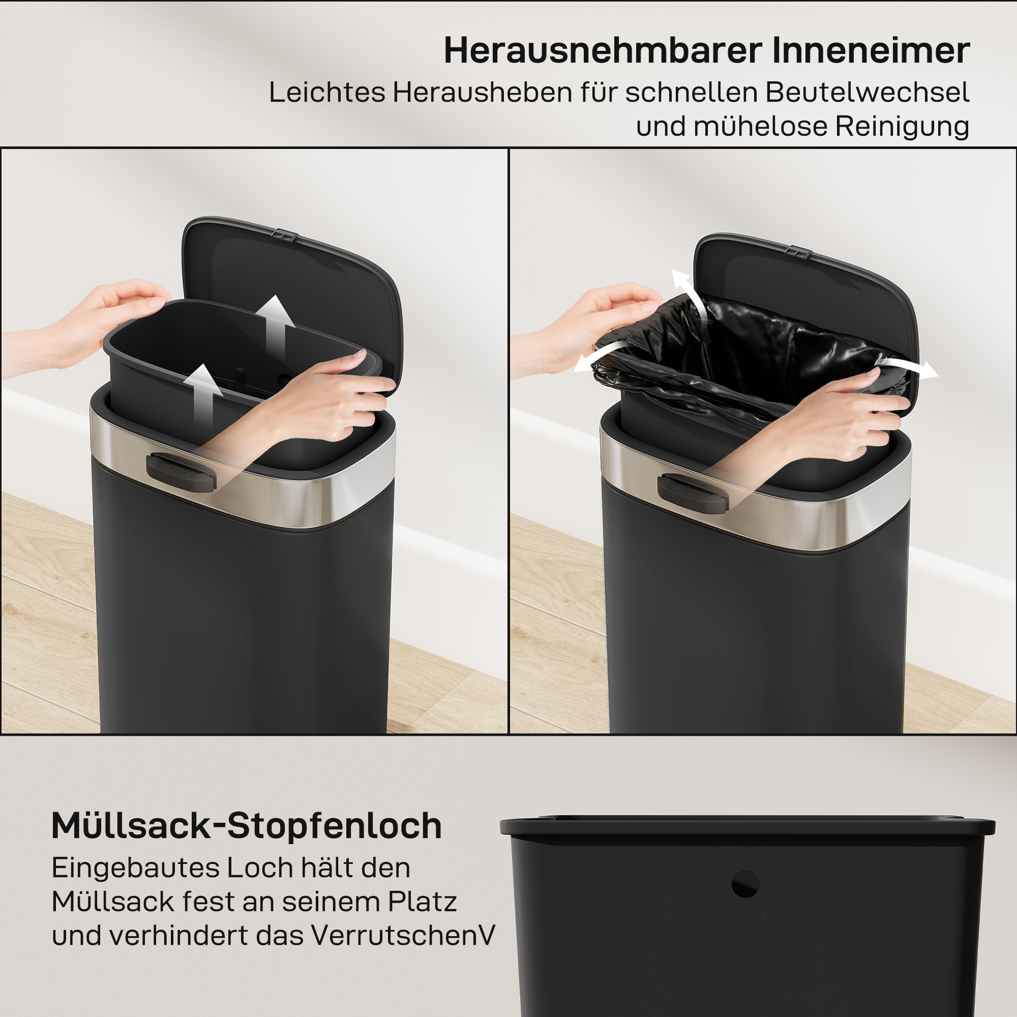 Mülleimer, Edelstahl Küchenmülleimer mit offen bleibendem Deckel, herausnehmbarer Inneneimer, 21,5x19,5x30 cm, Schwarz