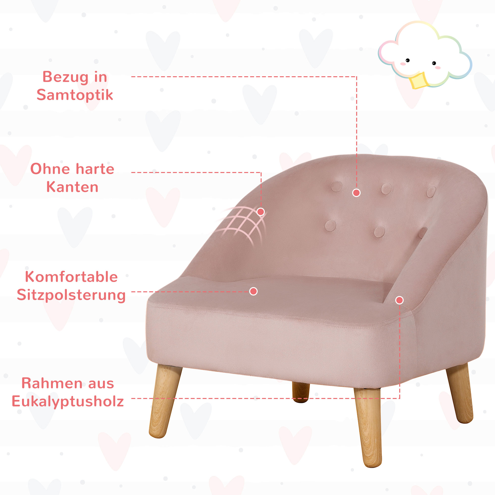 Kindersessel mit Ottomane für Kinder von 3 bis 5 Jahren Niedliches Design Samtoptik 51 cm x 51 cm x 50 cm Rosa