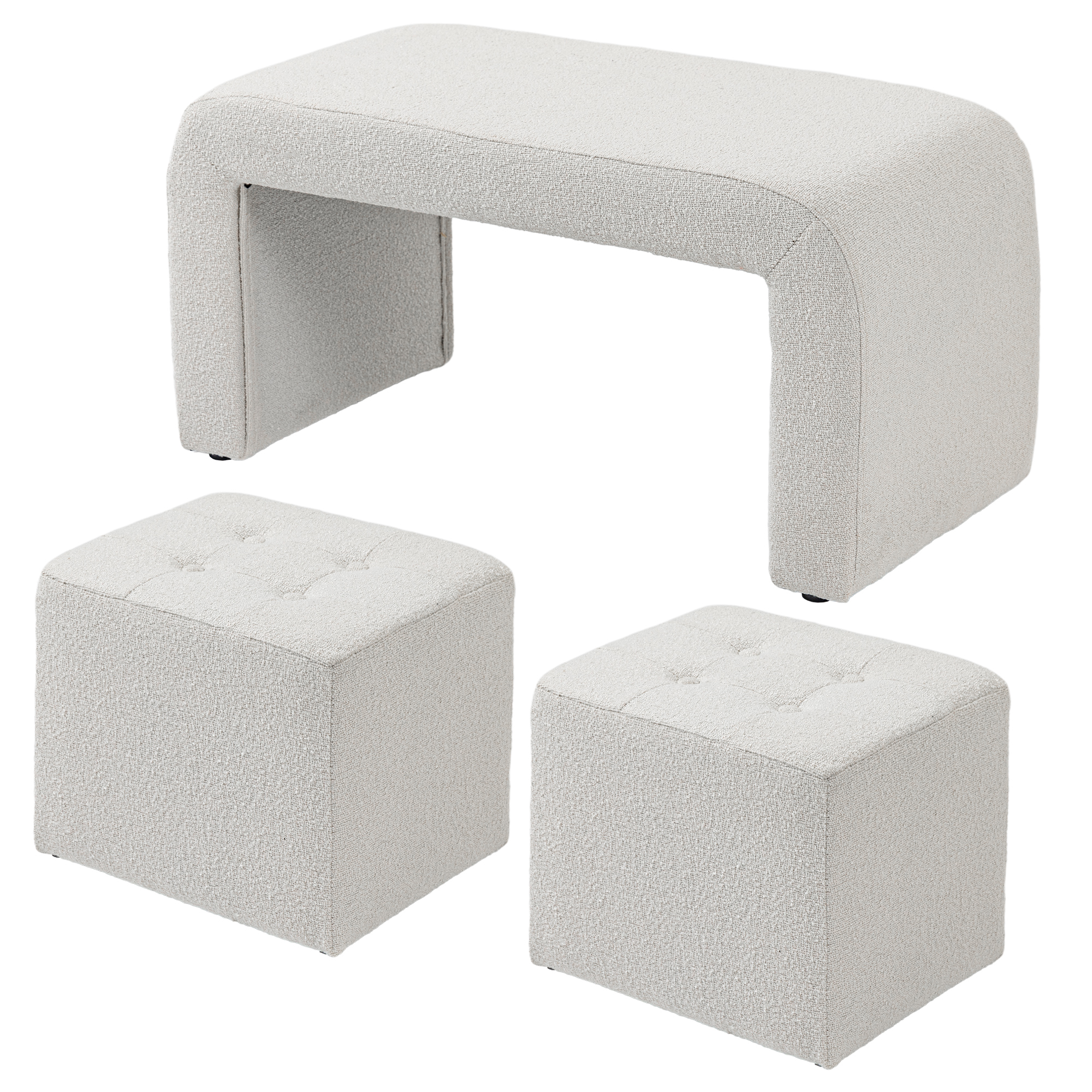 Fußhocker-Set Fußhocker 3-teilig, Knopfheftung, 89 cm x 42,5 cm x 45 cm, Creme