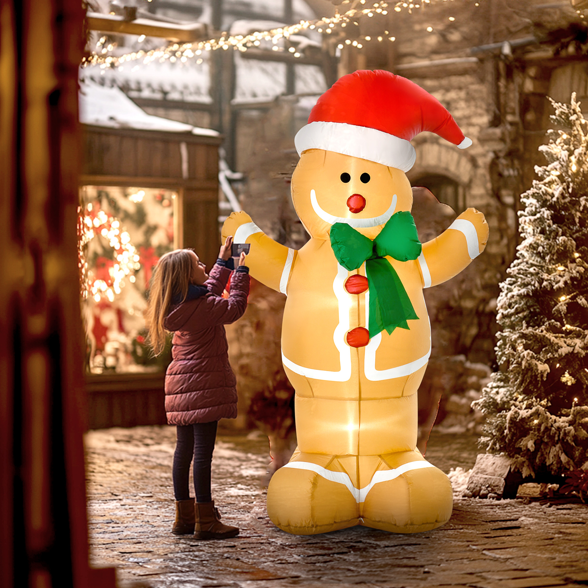 Aufblasbare Weihnachtsdeko 1,83 m Lebkuchenmann mit Schleife, 3 LEDs, internes Gebläse Gartendeko