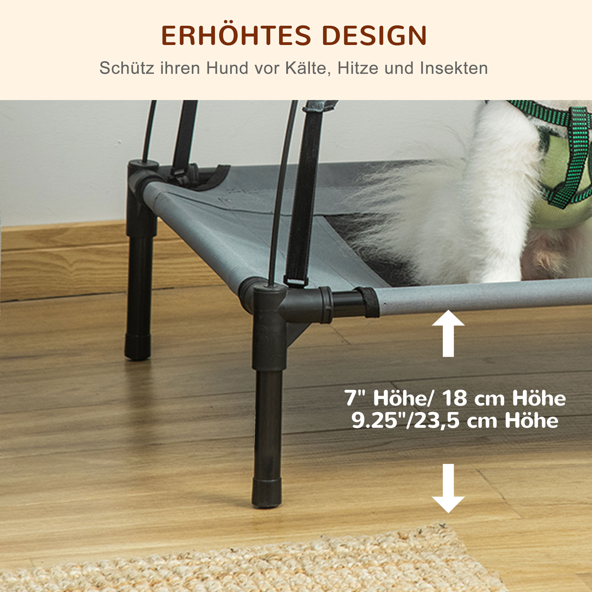 erhöhtes Hundebett mit Baldachin, Haustierbett, Hundeliege outdoor mit Dach, Atmungsaktiv, Taftstoff für Camping Grau 61 x 46 x 62 cm