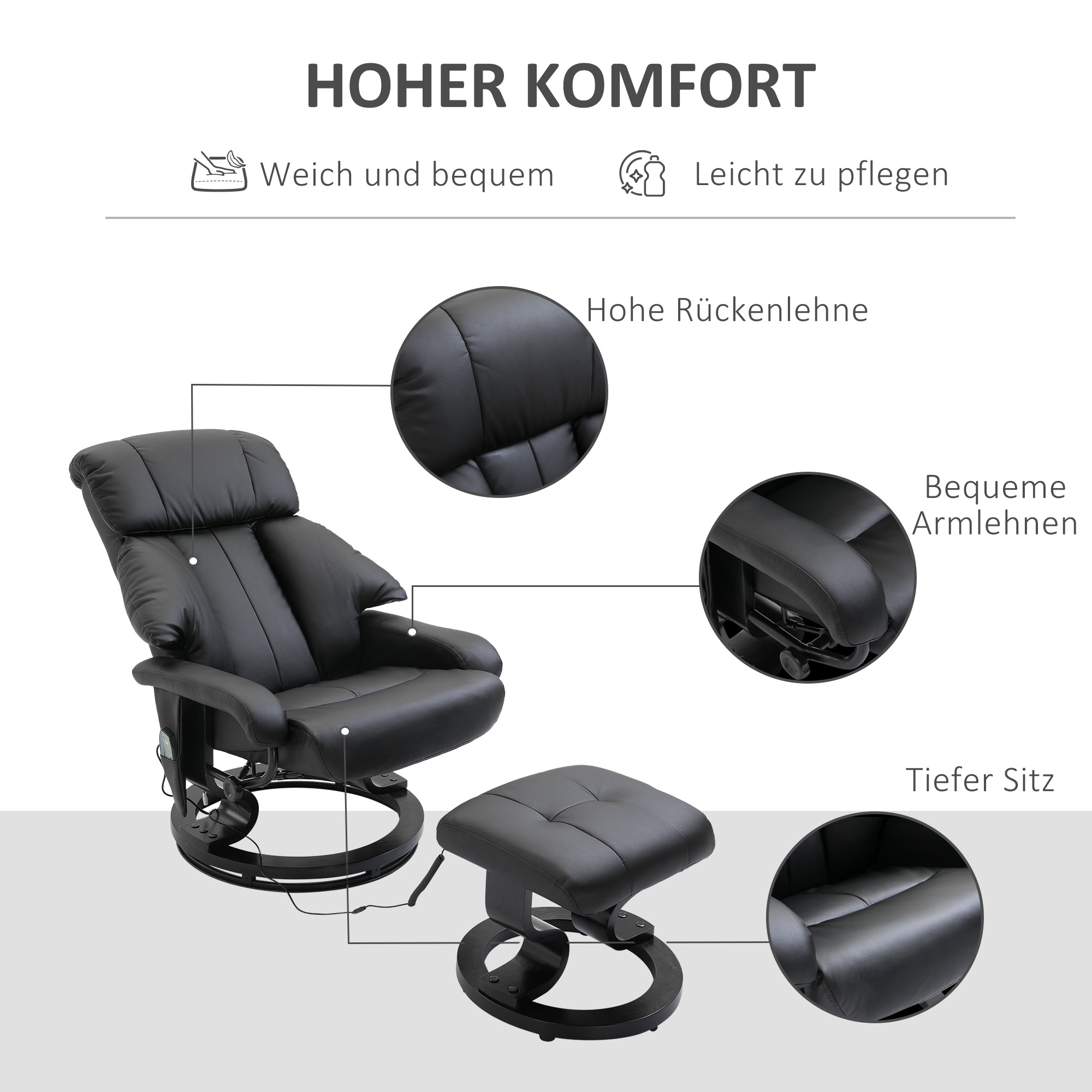 Massagesessel mit Fußhocker, 10 Vibrationspunkte, 145° verstellbare Rückenlehne, Schwarz