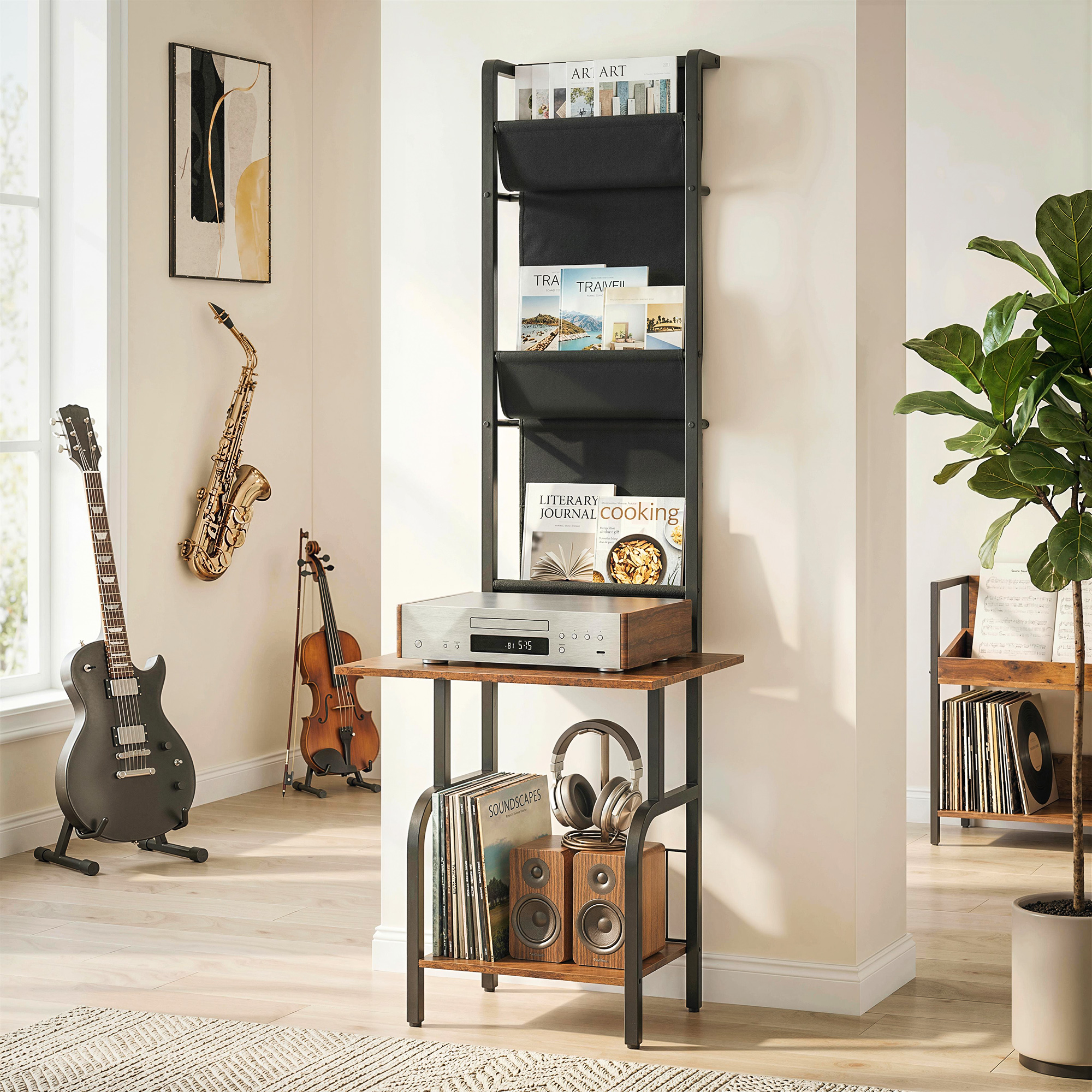 CD-Regal, CD-Aufbewahrung, DVD-Ständer mit 3 Stofftaschen und Tischplatte, Rustikale Holzoptik in Braun