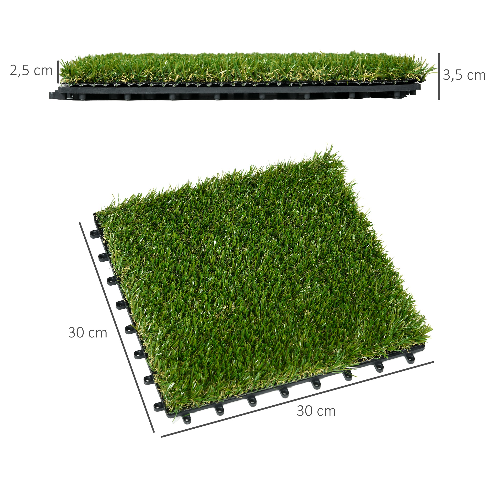Kunstrasen, naturgetreu, Drainagefunktion, 11 K Fasern/m², 25mm Höhe, 10-er Set je 30x30cm, Grün