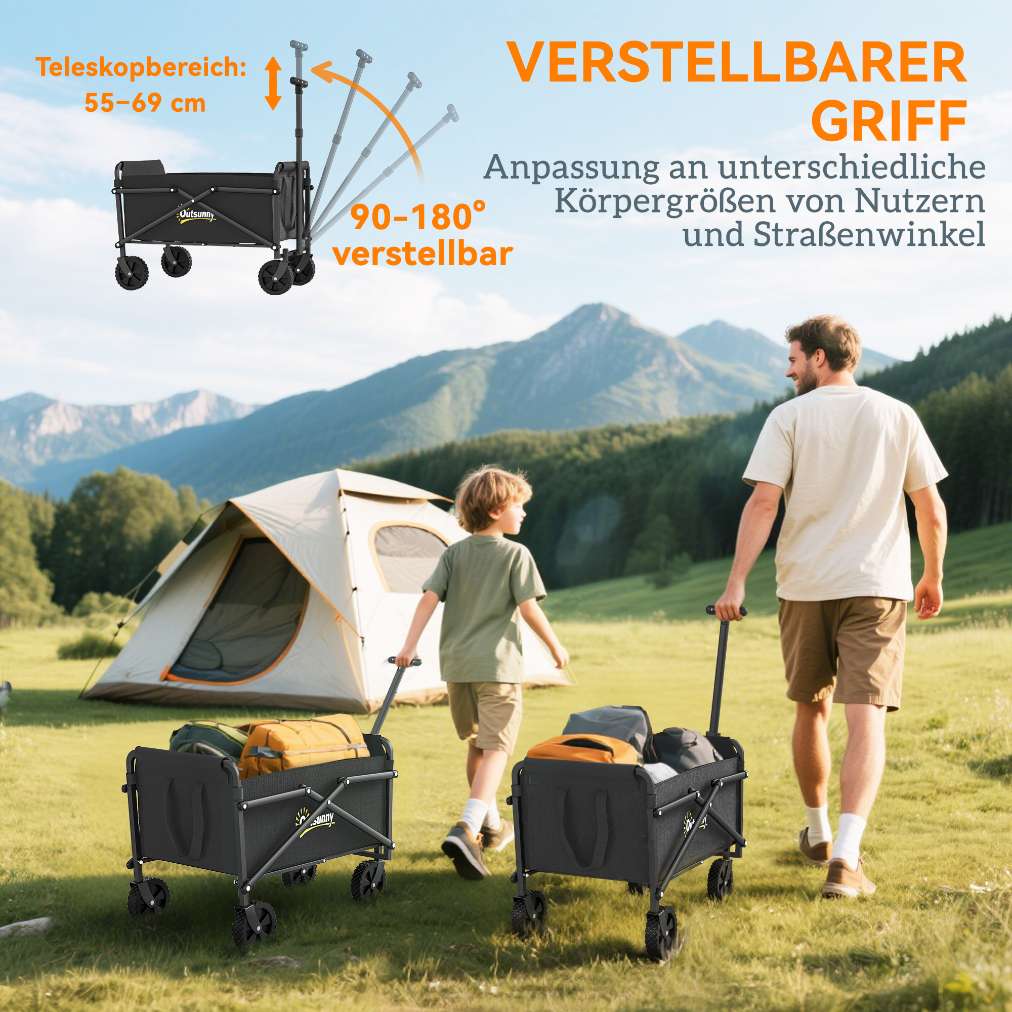 Bollerwagen faltbar Handwagen 360° Gartenwagen mit verstellbarem Griff Strandwagen bis 60 kg für Sport Einkauf Schwarz