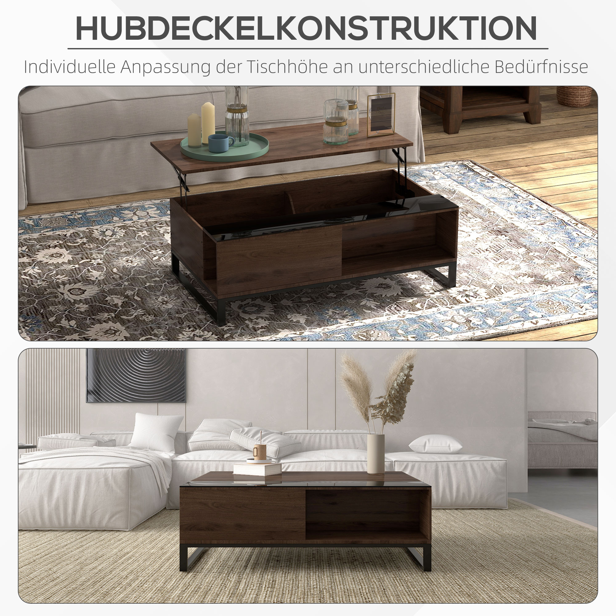 Beistelltisch mit Hebefunktion, verstecktes Staufach, Walsnussholzoptik, Stahlrahmen, 102 x 58 x 35,5 cm