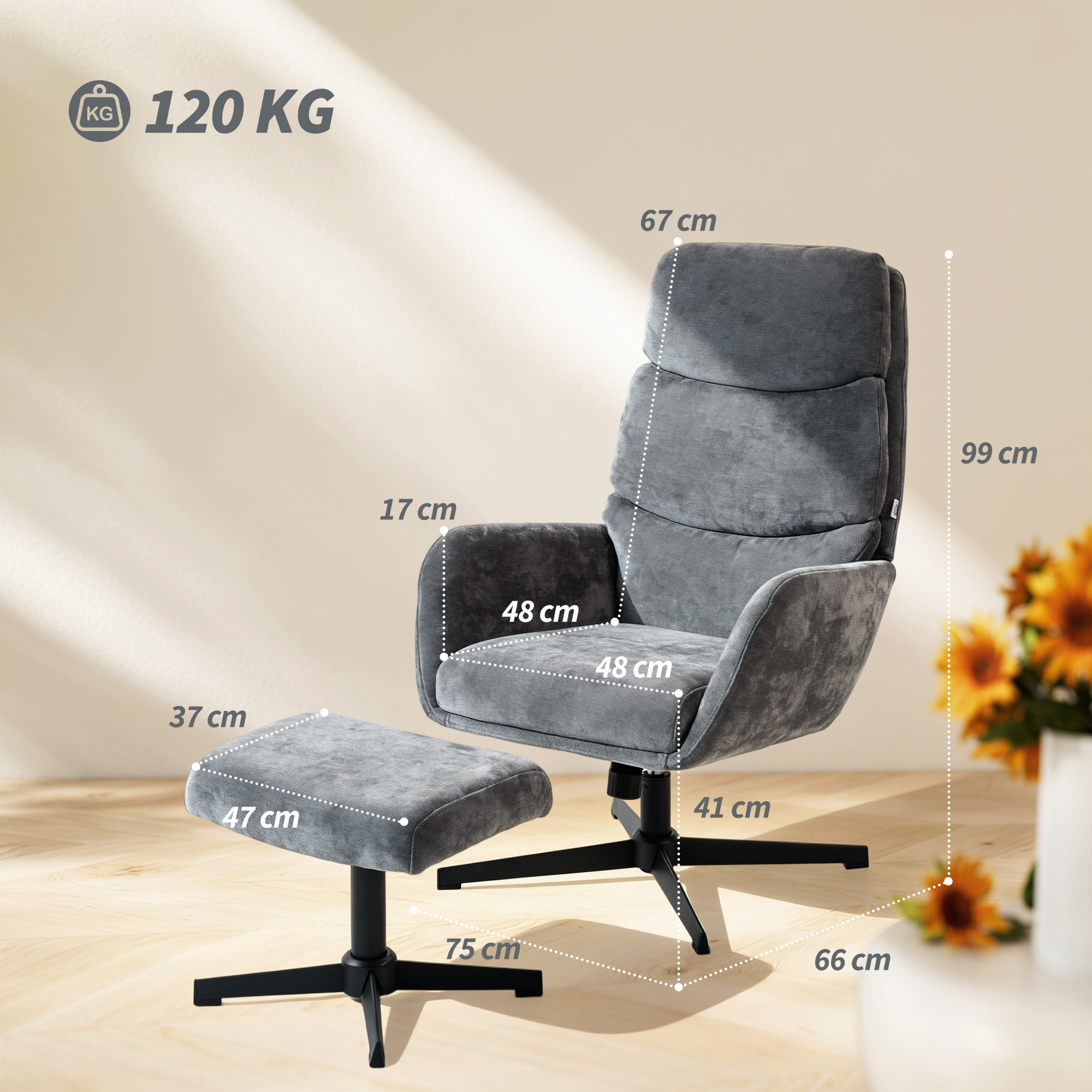 Polstersessel mit Fußhocker, Lounge-Sessel mit hoher Rückenlehne, Metallbasis, für Wohnzimmer, Schlafzimmer, Grau