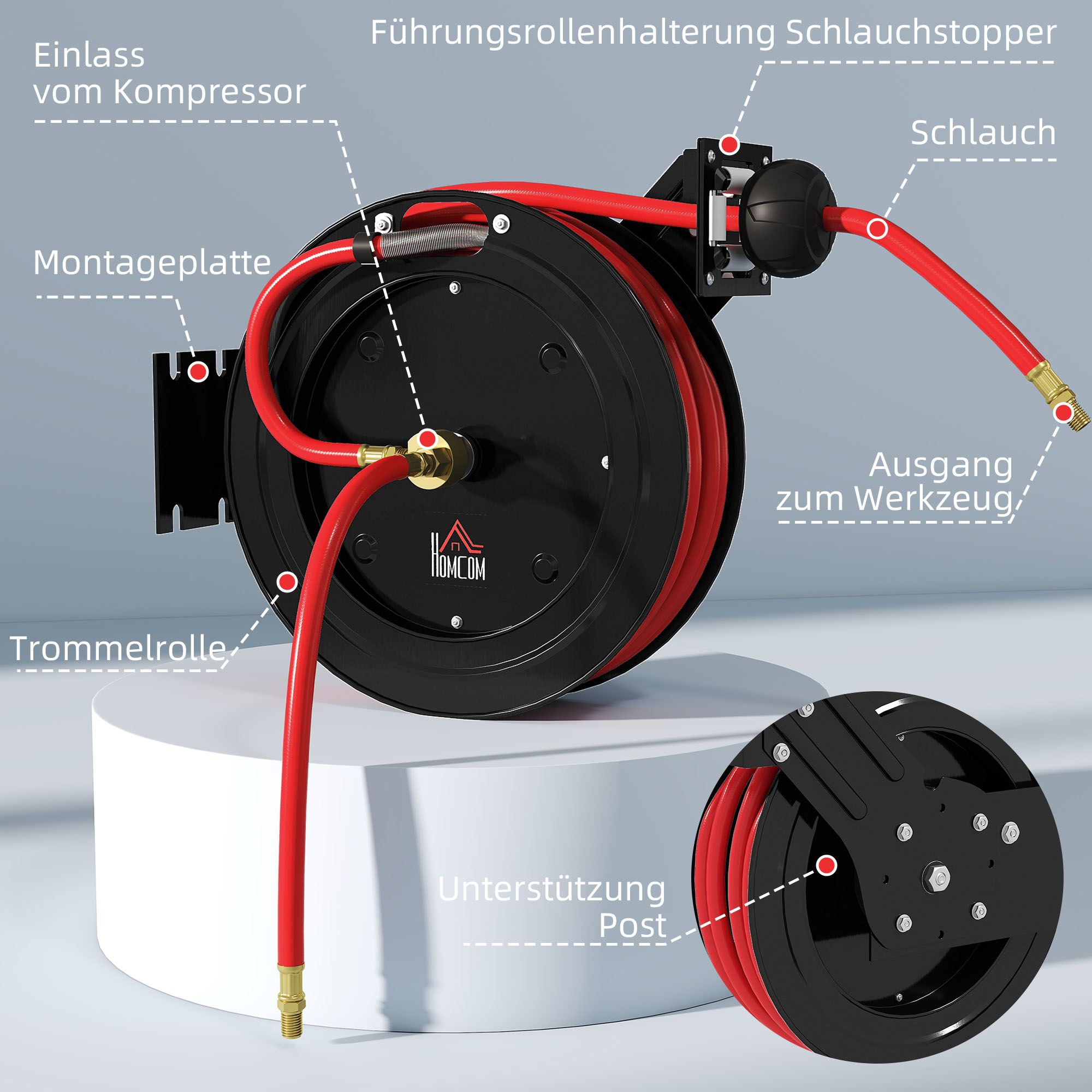 Wandmontierte Gartenschlauchrolle, automatisches Zurückziehen, 20 bar Wasserdruck, 15+1 m Wasserschlauch, Metall