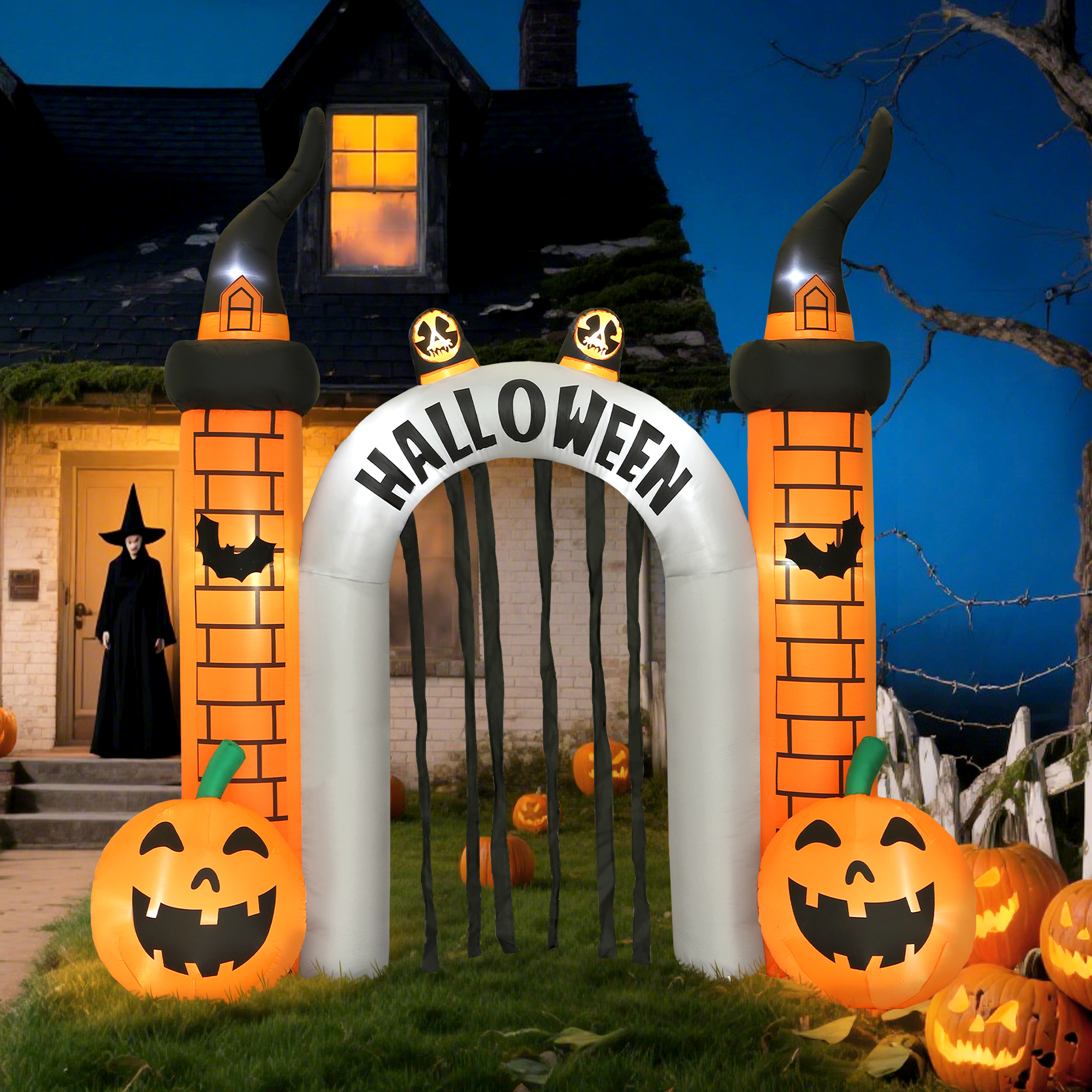 Aufblasbarer Halloween-Torbogen, Kürbis-Design, LEDs, Heringe, Polyester
