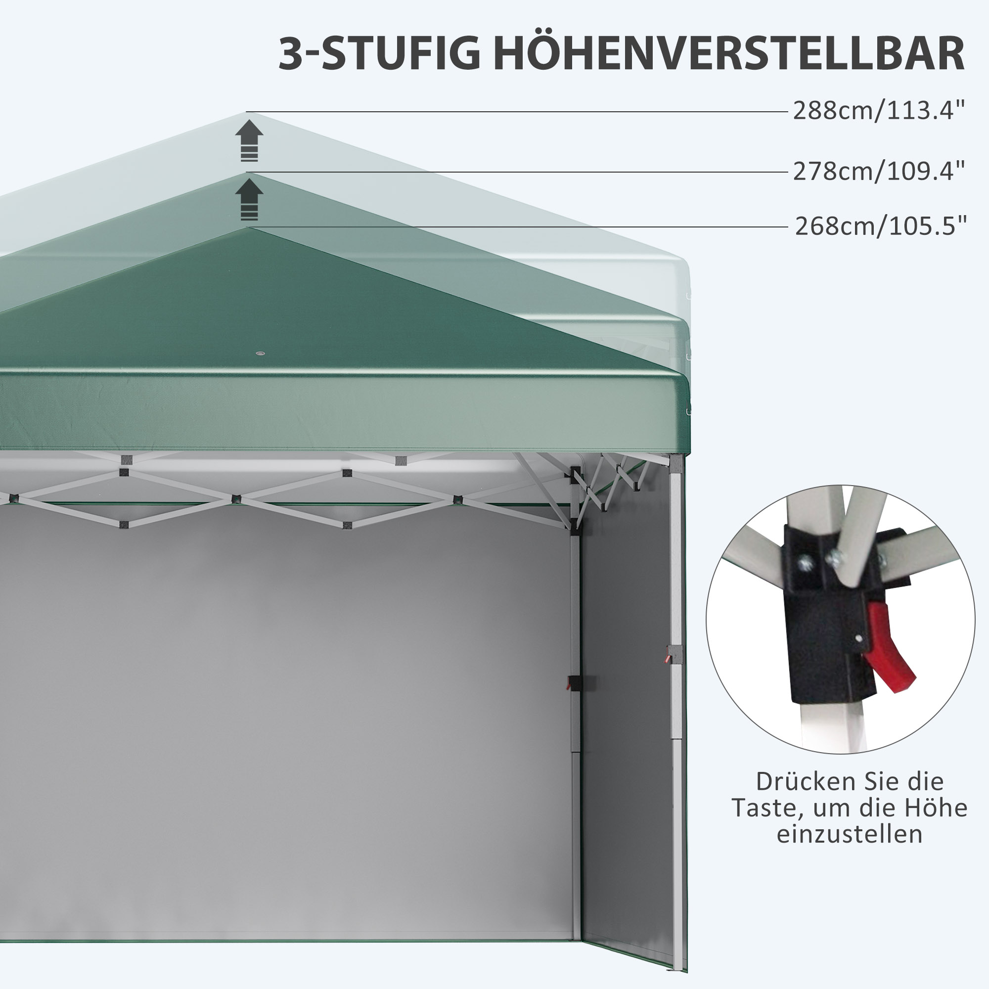 Faltpavillon, 2 Seitenwände, höhenverstellbar, mit Transporttasche, rostfreies Stahlgestell, 3 x 3 m, Grün
