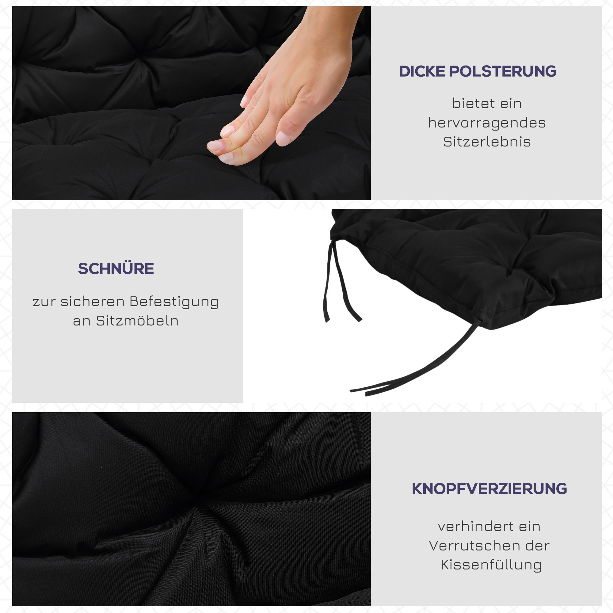 3 Sitzer Bankauflage 100x98x8 cm Bankkissen mit Bändern, Bankpolster für Gartenmöbel Hollywoodschaukel, Schwarz