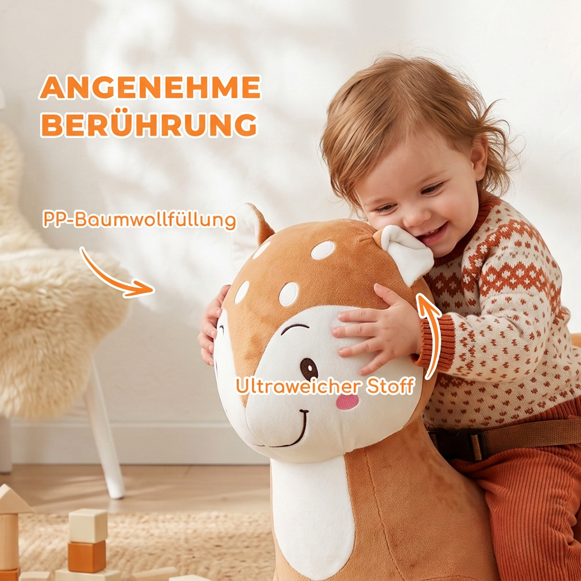 Schaukelpferd im Hirsch-Design, stabiles Plüsch-Schaukelpferd mit Tiergeräuschen, Sicherheitsgurt und Schaukelstopp