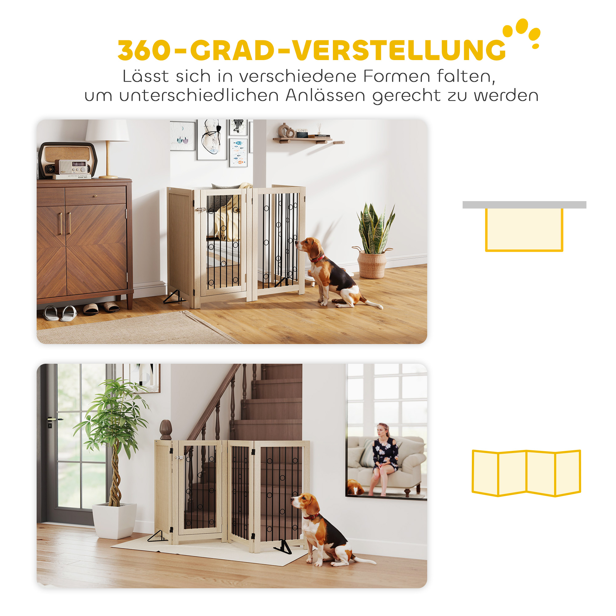 Freistehendes Haustiertor, Hundegitter mit Tür, 4 Paneele, für Flur, Treppe, Türrahmen, MDF, Stahl