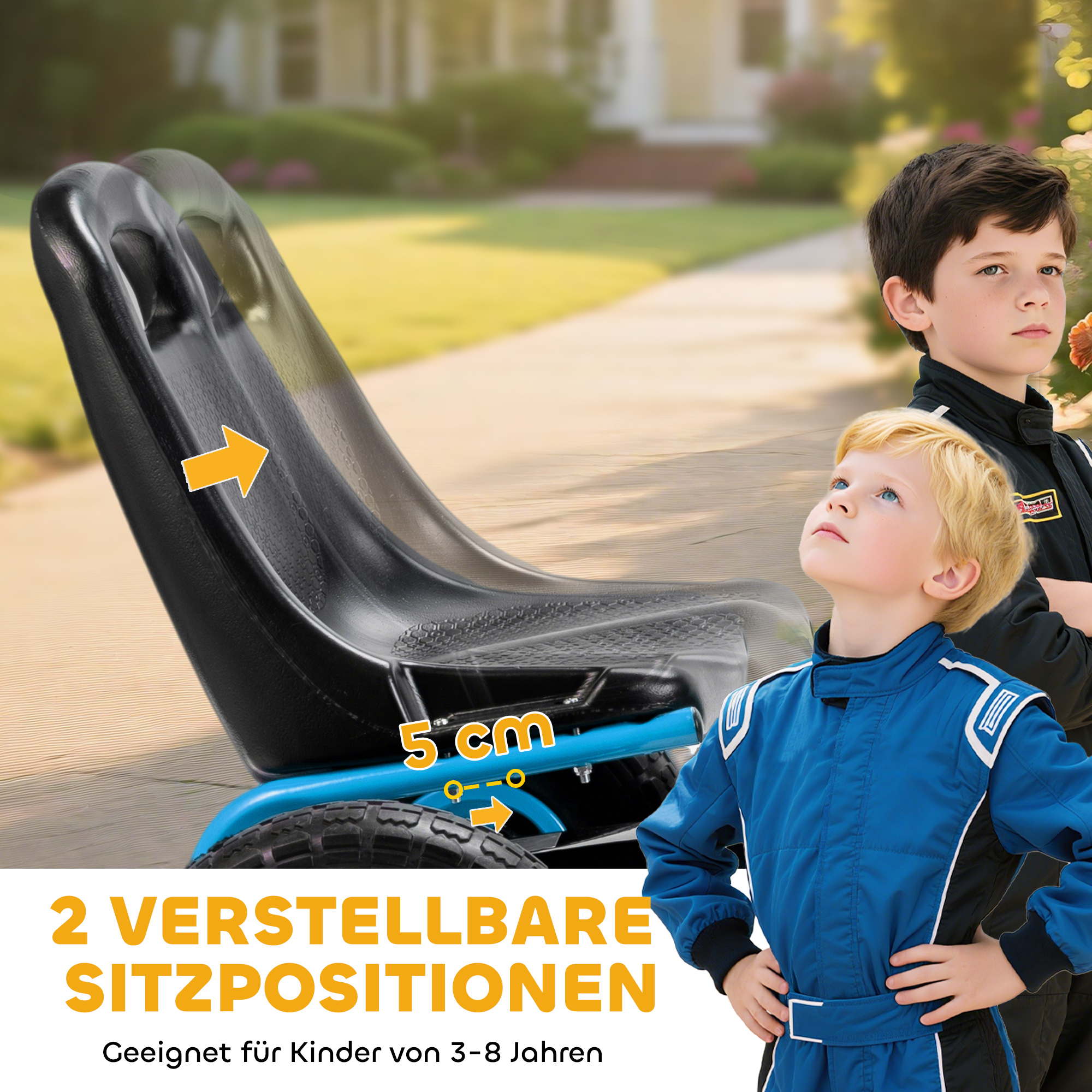 Pedal-Gokart für Kinder, höhenverstellbarer Sitz, EVA-Räder, Bremse, Kupplung, 3-8 Jahre, Blau