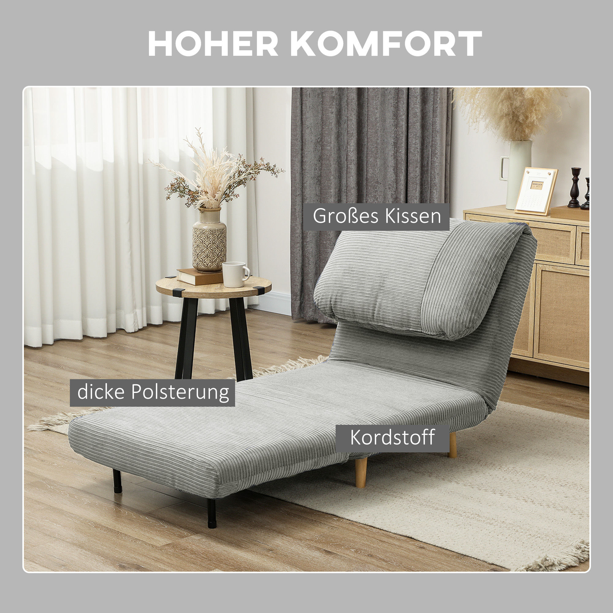 2-in-1 Schlafsessel Gästebett, verstellbare  Kopfstütze Cord-Optik 82 cm x 8 cm x 83 cm Grau