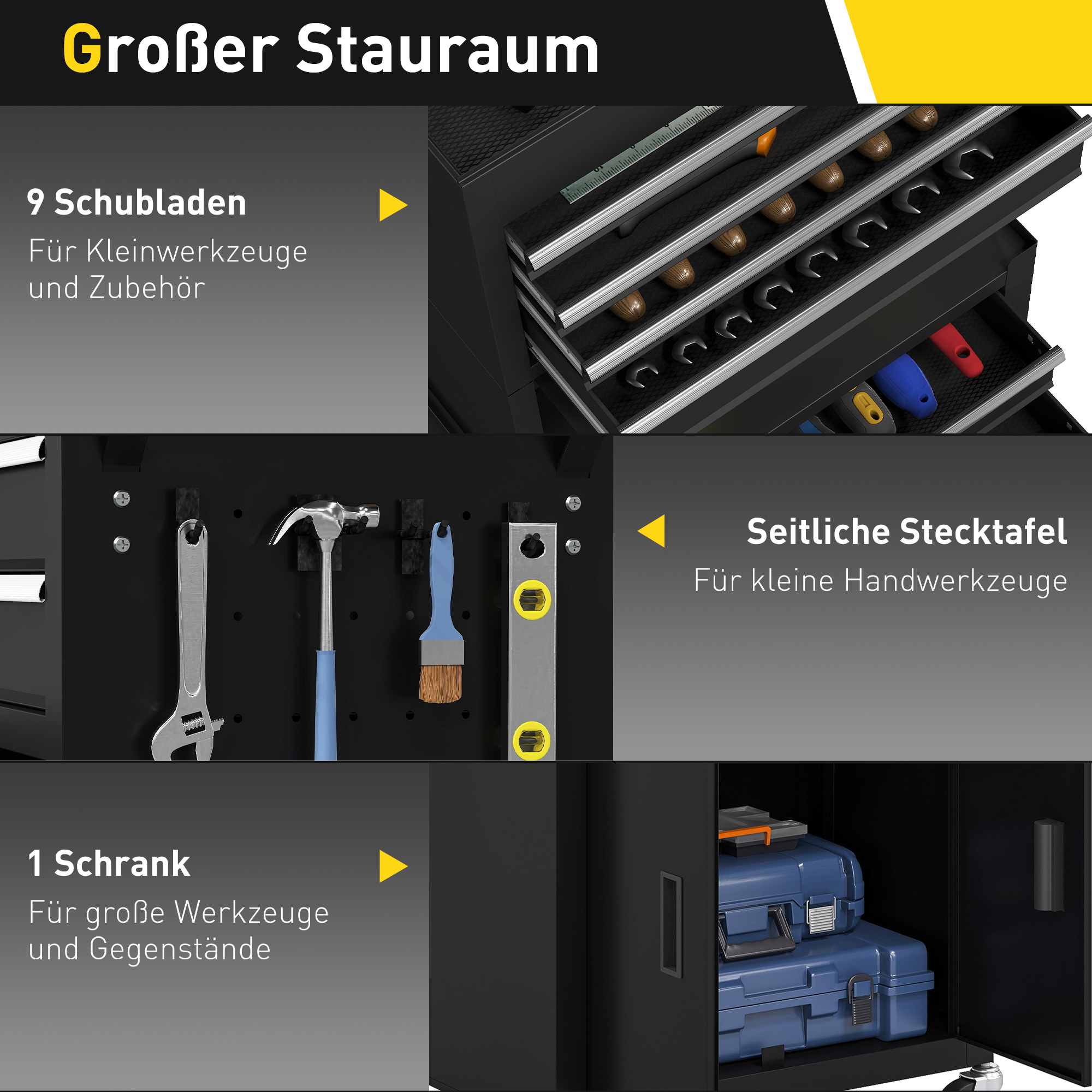 3-in-1 Werkzeugkiste, Werkzeugschrank mit 4 Rädern, verschließbarer Werkzeugkasten mit 9 Schubladen, Stahl, Schwarz