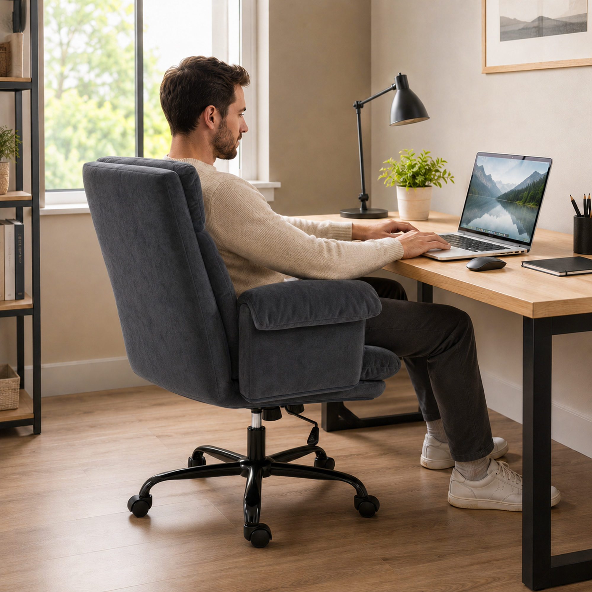 Bürostuhl mit verstellbarer Rückenlehne, rollbarer Polsterstuhl, Polstersessel, höhenverstellbar, Stahl, Dunkelgrau