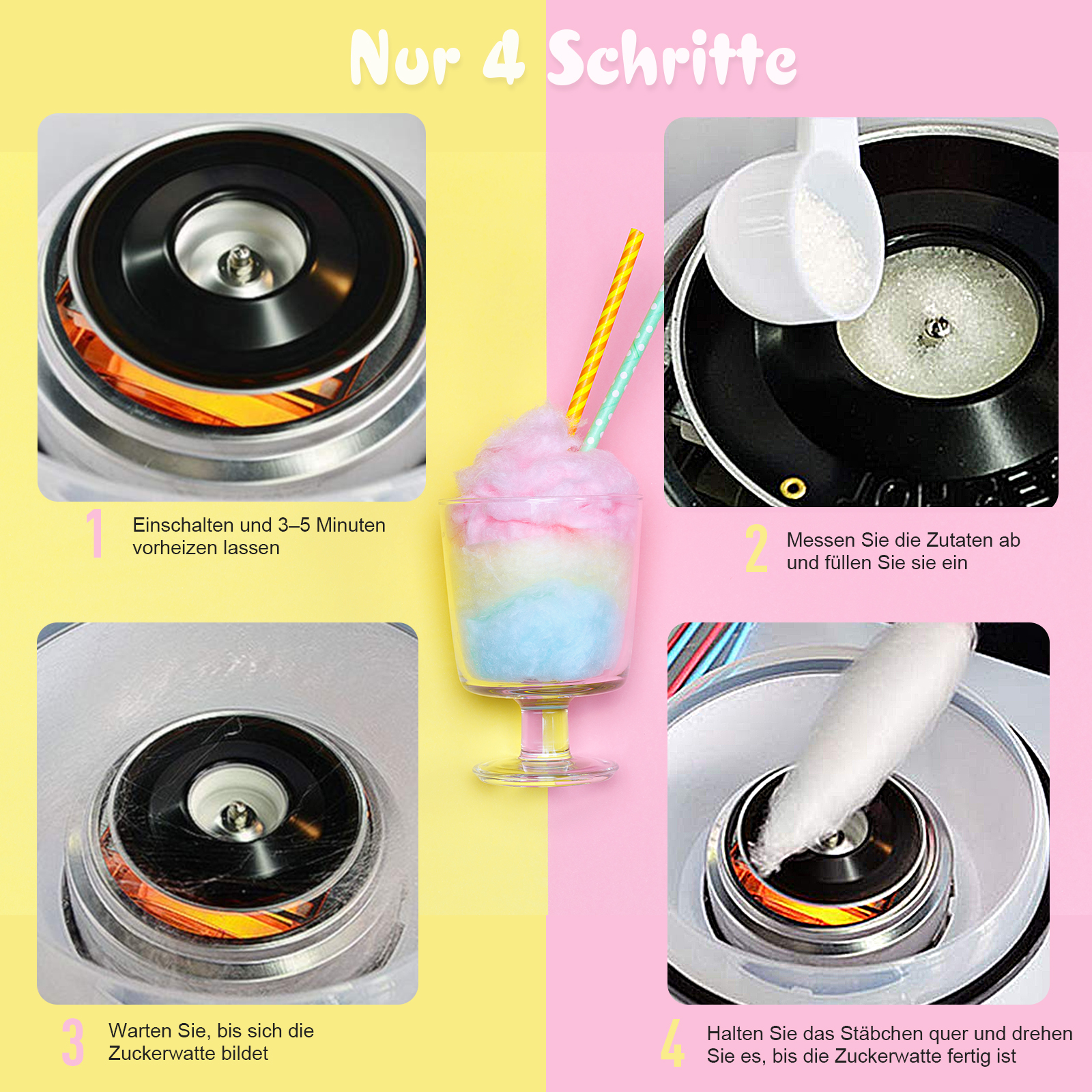 Zuckerwattemaschine für Zuhause Cotton Candy Machine Zuckerwatte Maschine mit Stäbchen und Messlöffel Höhe 18 cm 550W für Kinderfest, Geburtstag, Party Weiß