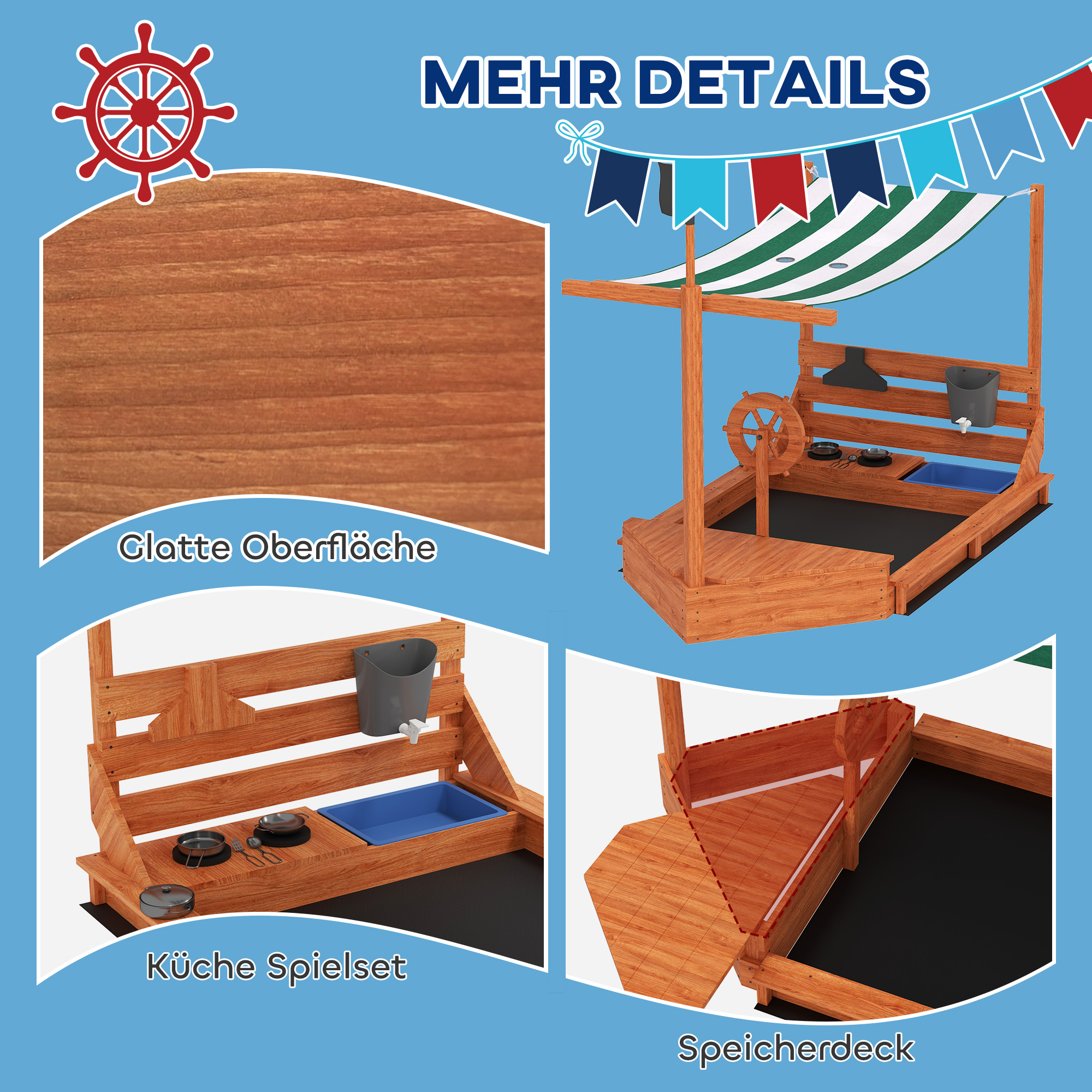 Sandkasten mit Sonnendach Piratenschiff, inkl. Kinderküchenspielset, Massivholz, 180 x 103 x 144,5 cm, Grün