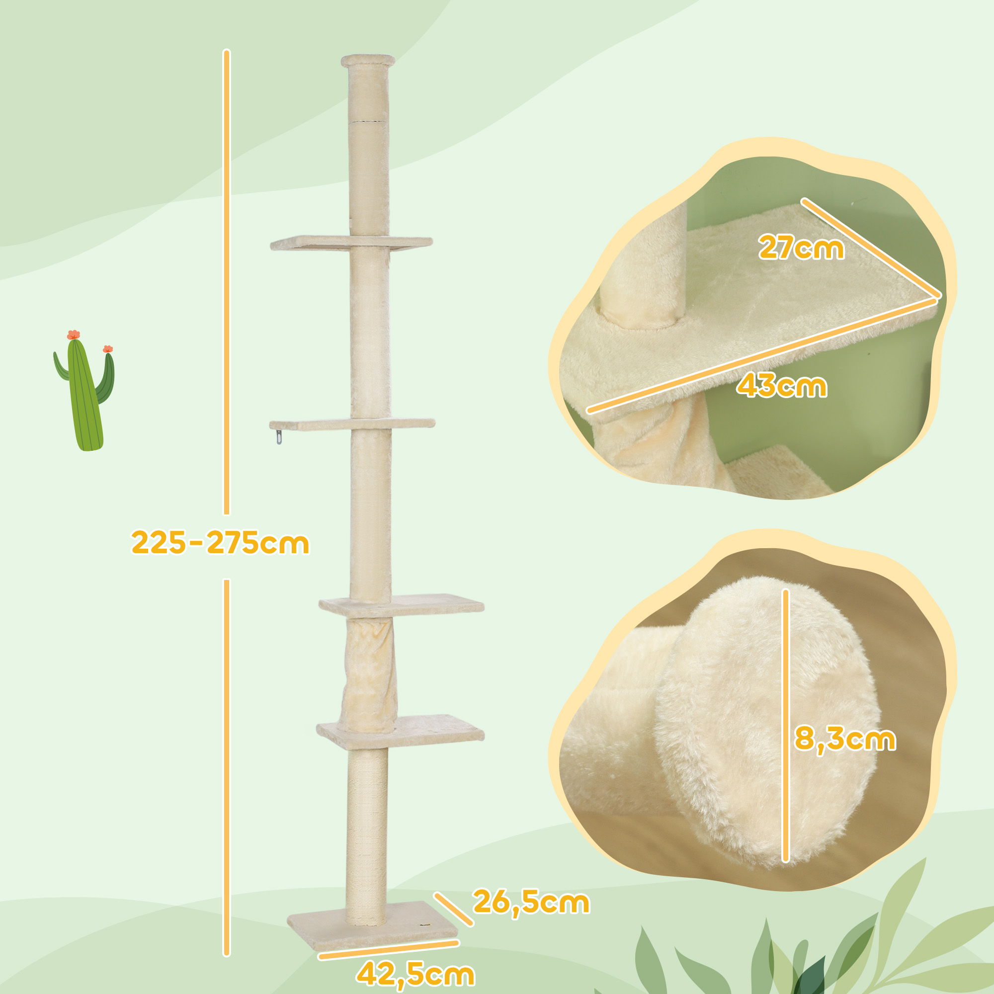 Kratzbaum, verstellbare Höhe 225-275 cm, stabile Basis, Kippschutz, Plüschbezug, Cremeweiß